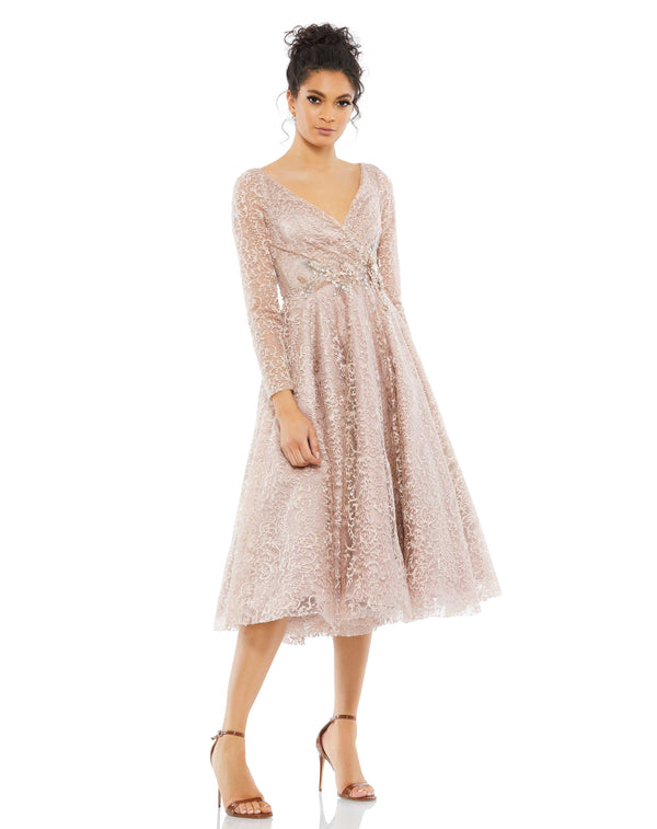 Long Sleeve Cocktail Tea Length Dress A Line Mac Duggal 112181