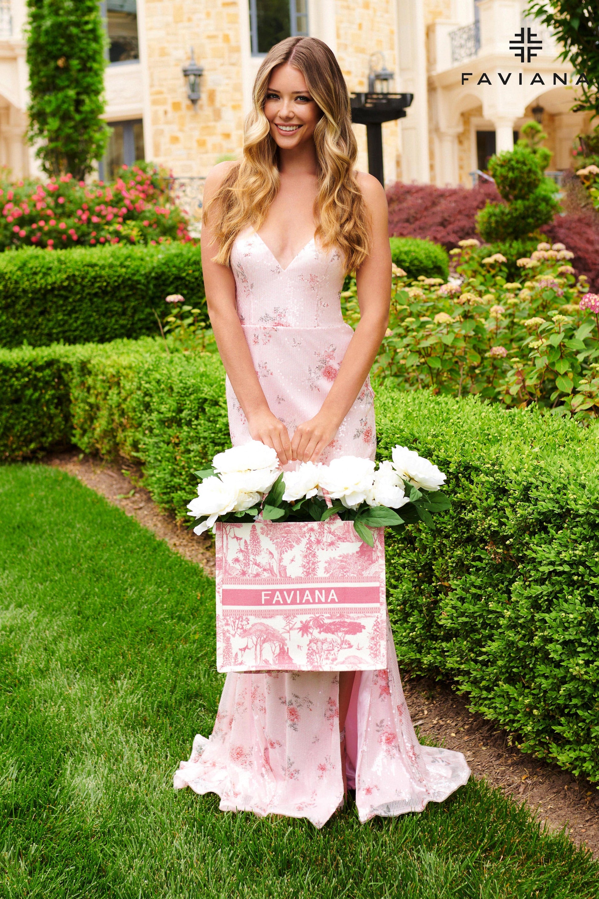 Faviana 11221 Floral Sequin Long Formal Slit Prom Dress
