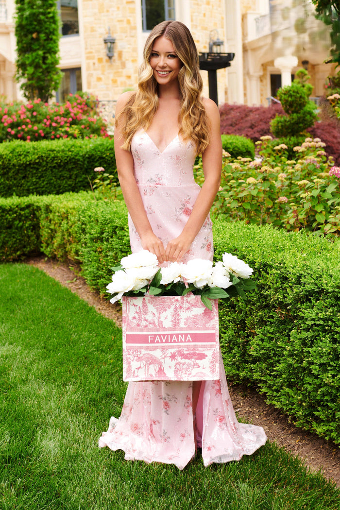 Prom Dresses Floral Sequin Long Formal Slit Prom Dress Light Pink Floral