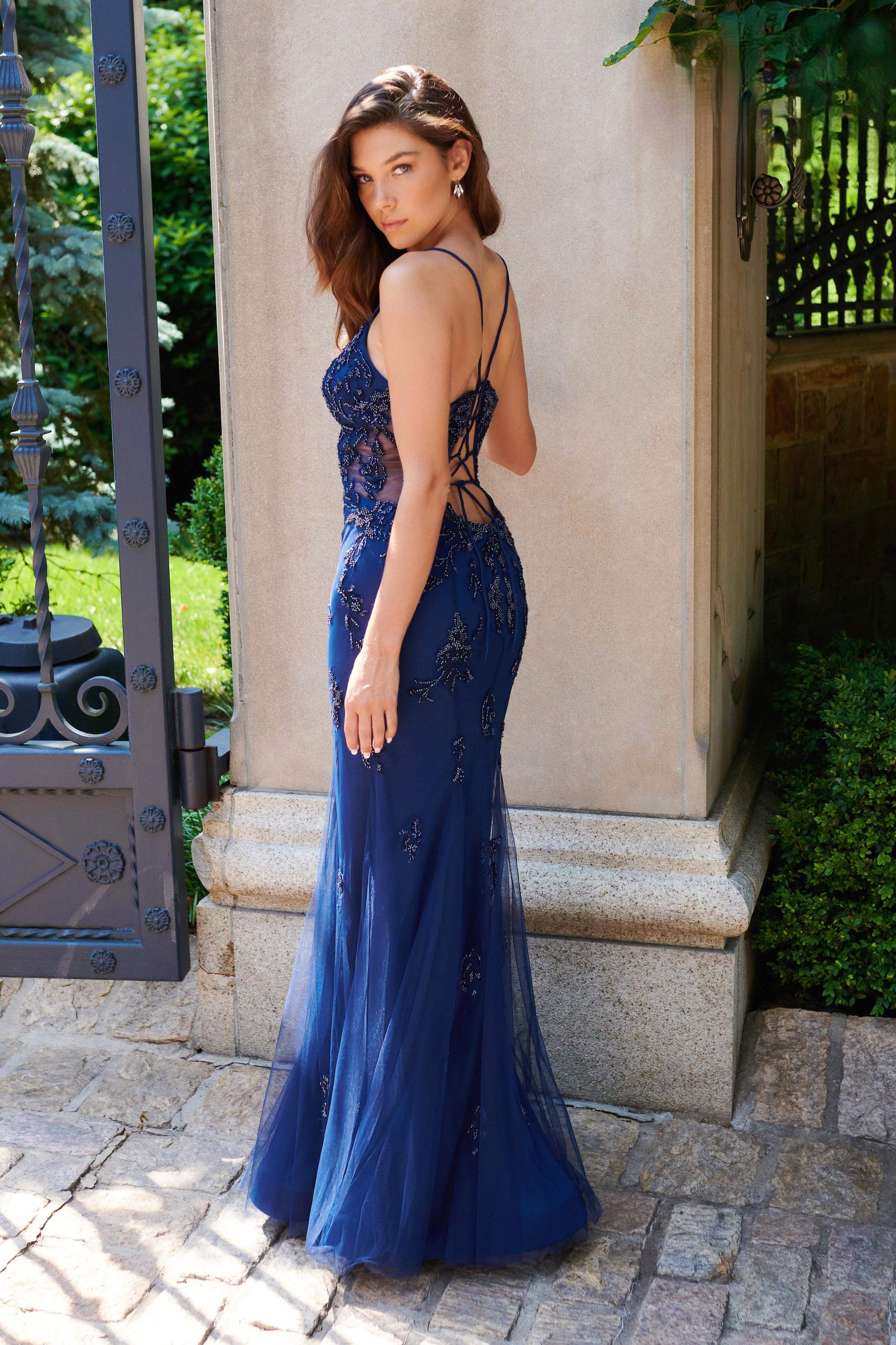 Prom Dresses Long Formal Beaded Lace Prom Dress Navy