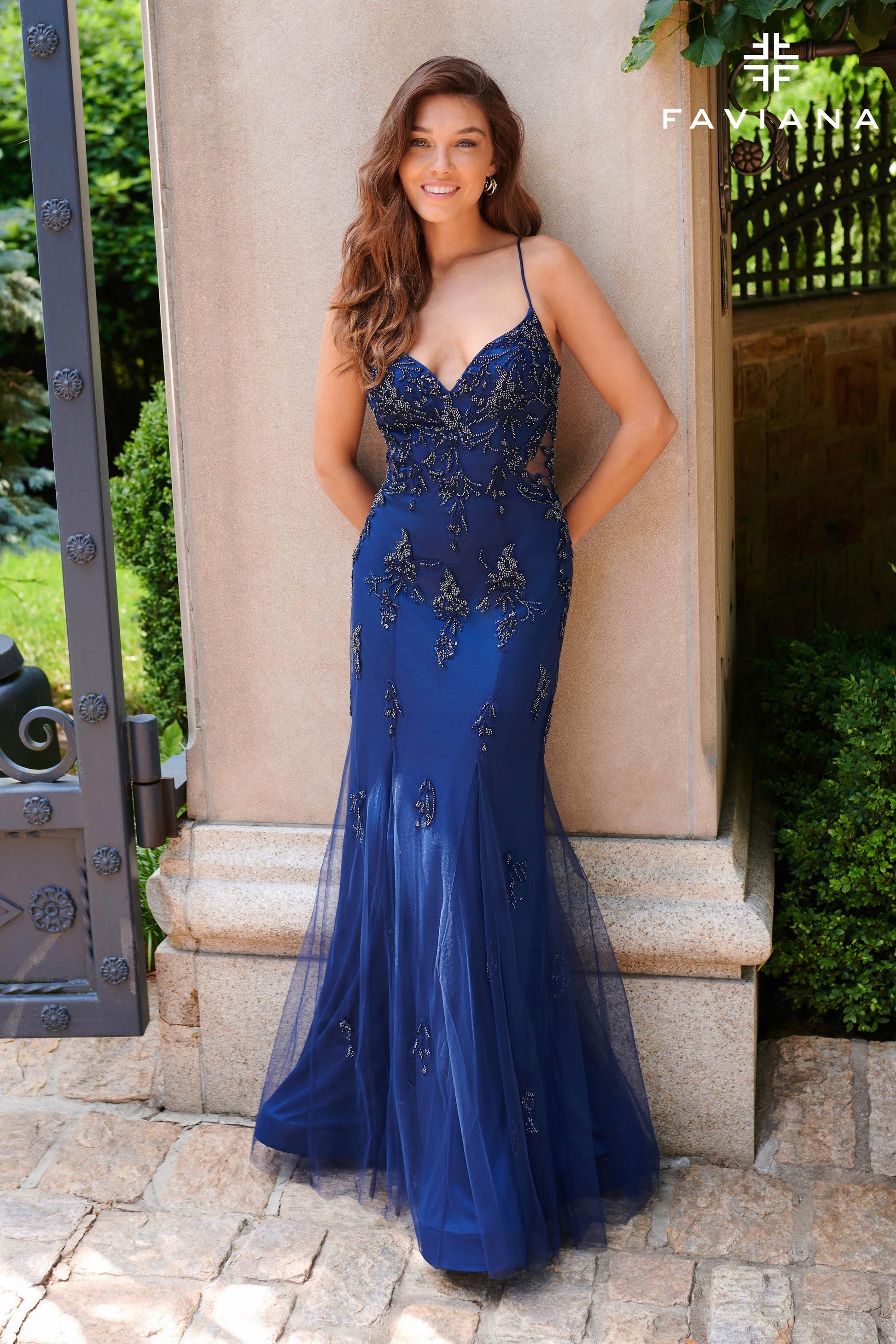 Faviana 11227 Long Formal Beaded Lace Prom Dress