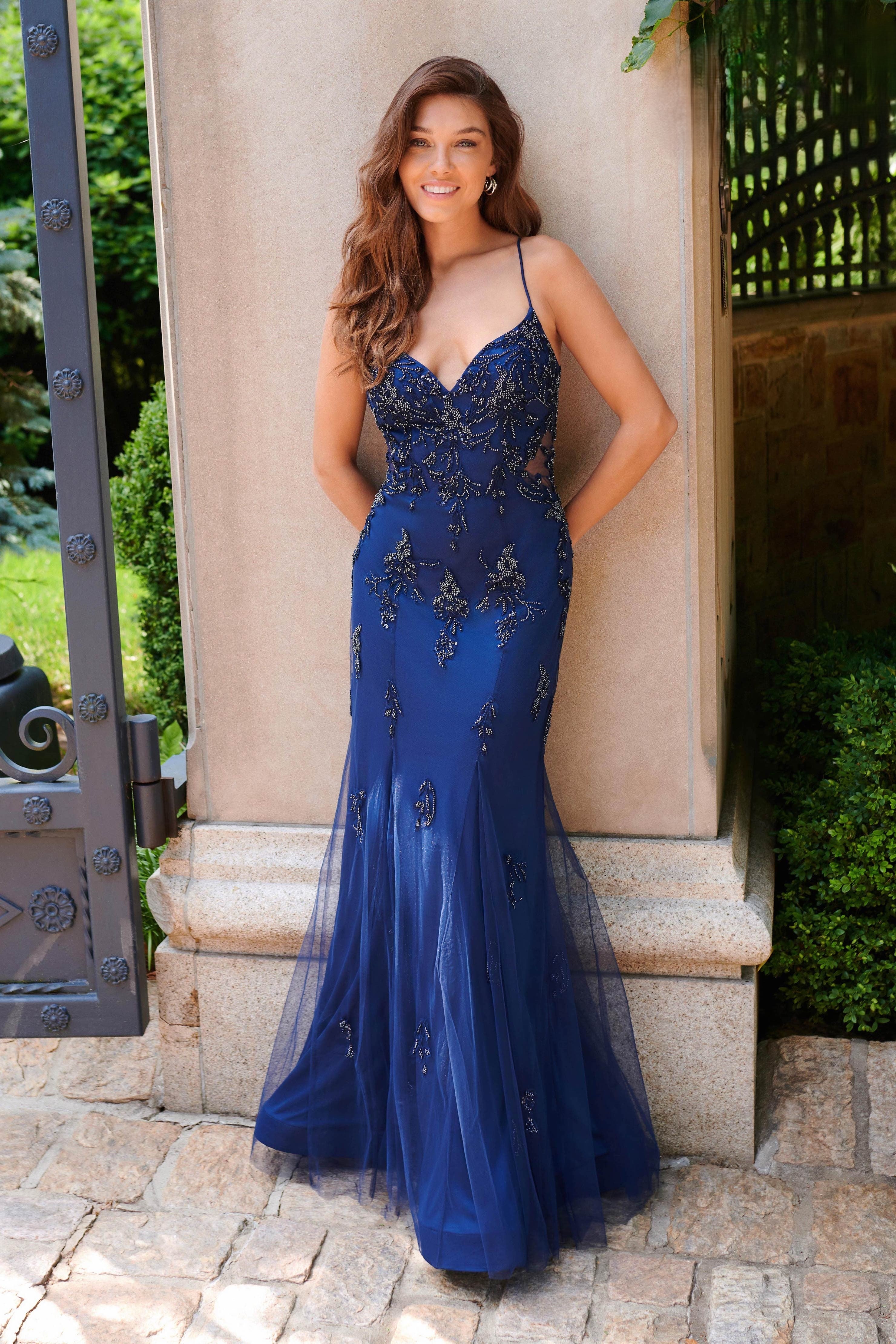 Prom Dresses Long Formal Beaded Lace Prom Dress Navy