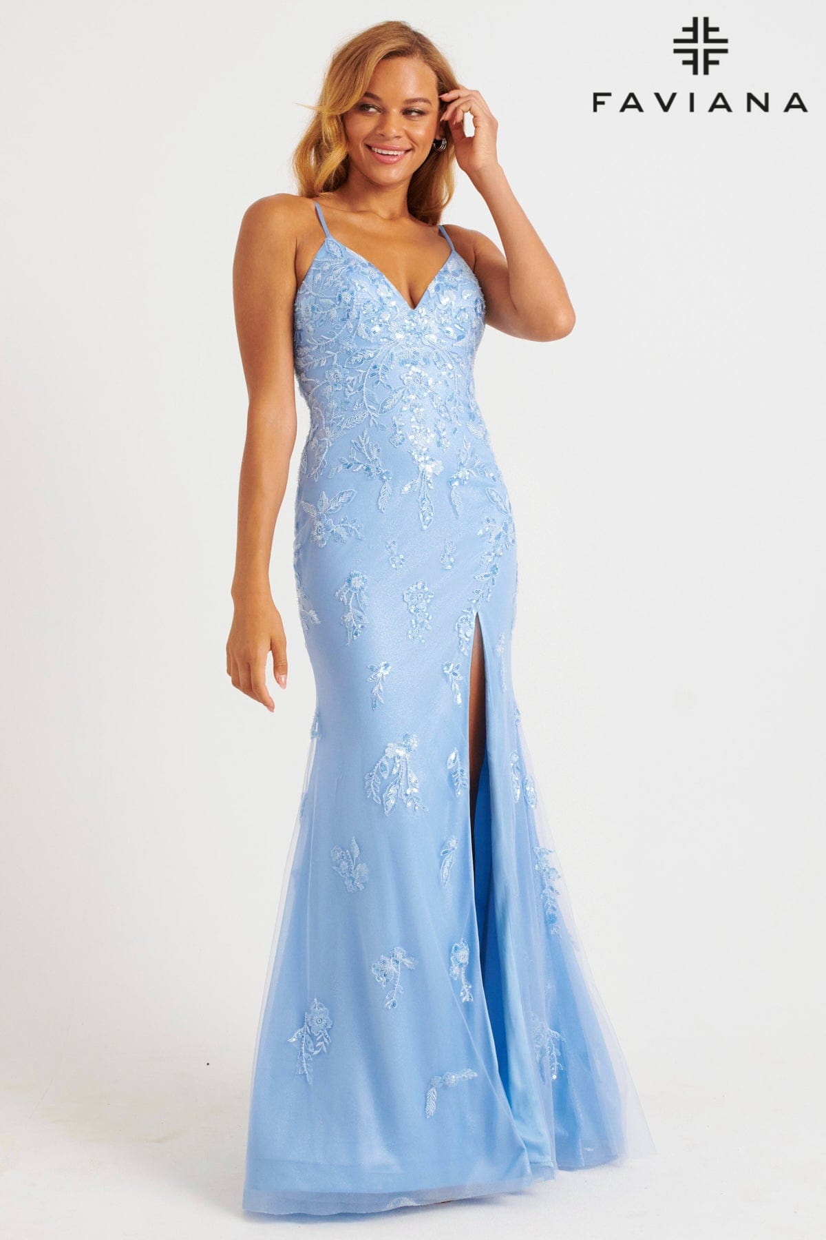 Faviana FA11229 Long Formal Floral Lace Slit Prom Dress
