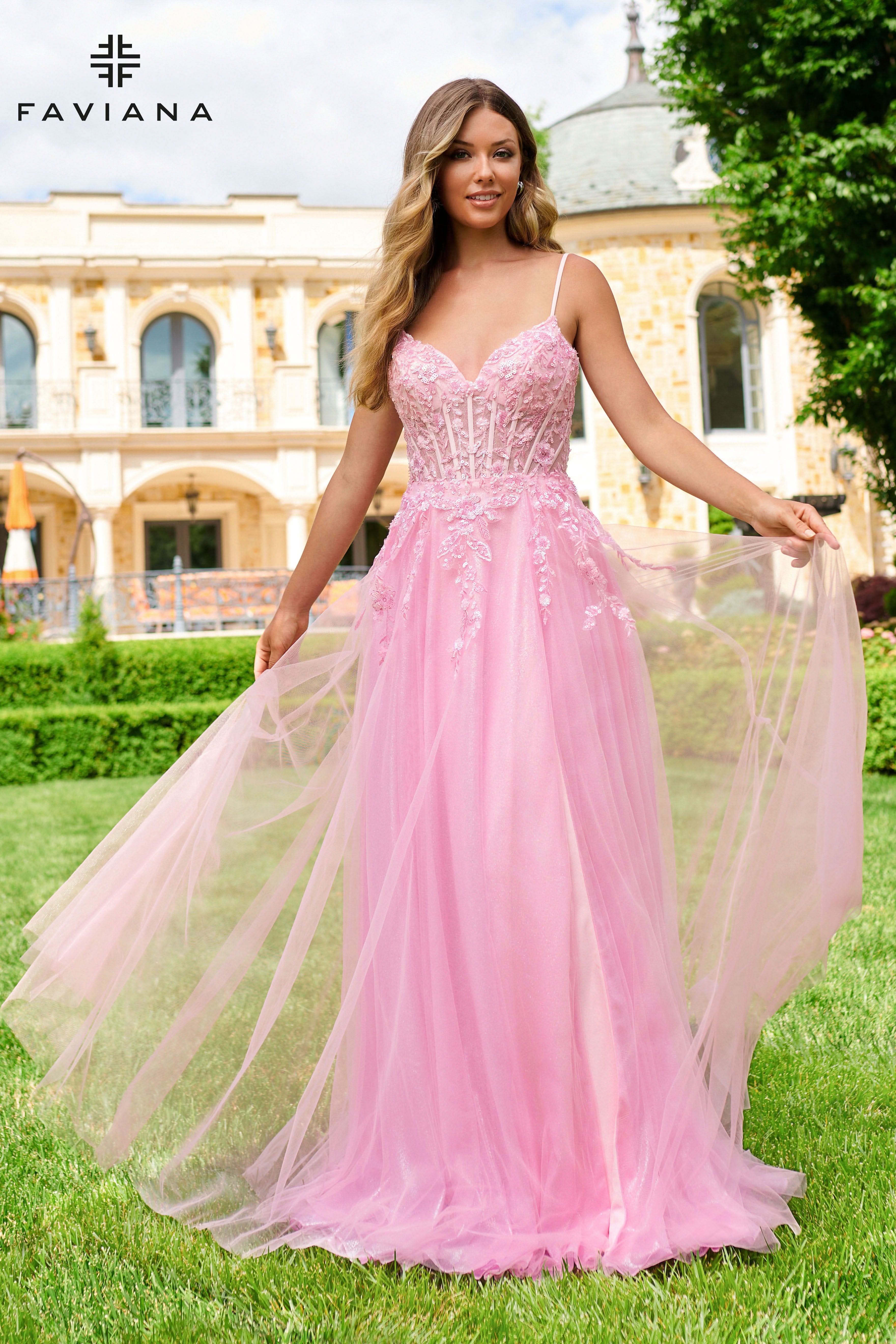 Prom Dresses   Long Formal A Line Corset Floral Applique Prom Dress Cotton Candy Pink