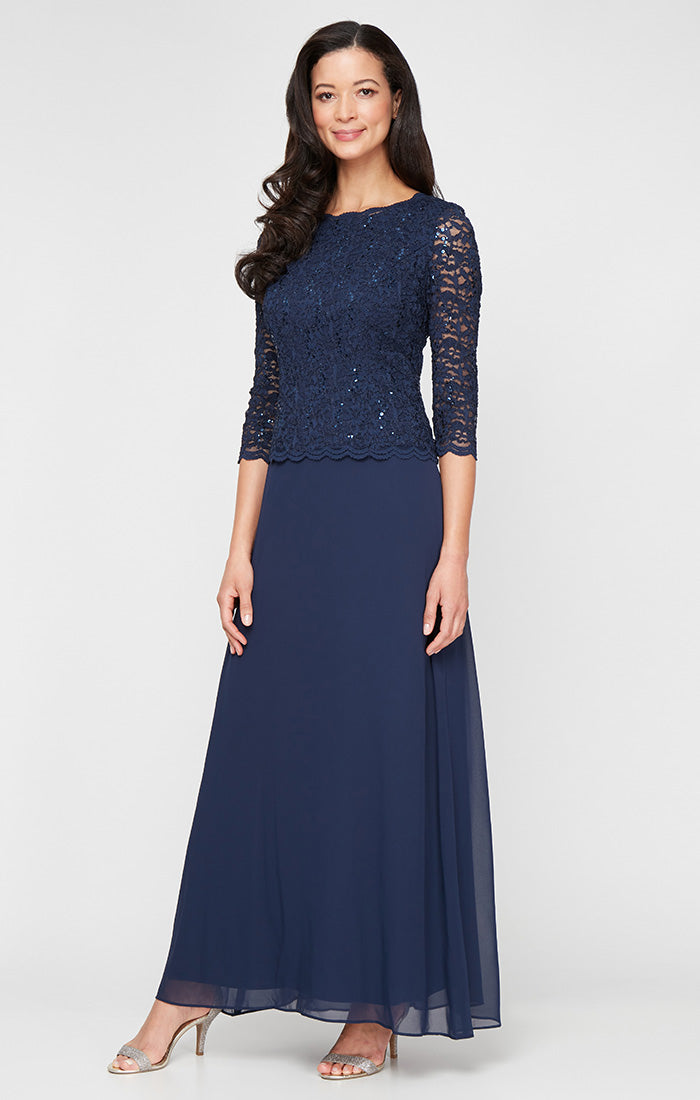 Bateau Ankle-Length Lace Mother of the Bride Dress by Alex Evenings 212318 in Navy