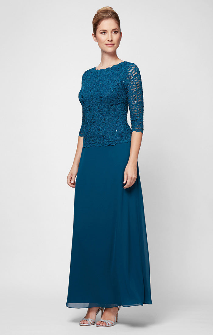 Bateau Ankle-Length Lace Mother of the Bride Dress by Alex Evenings 212318 in Peacock