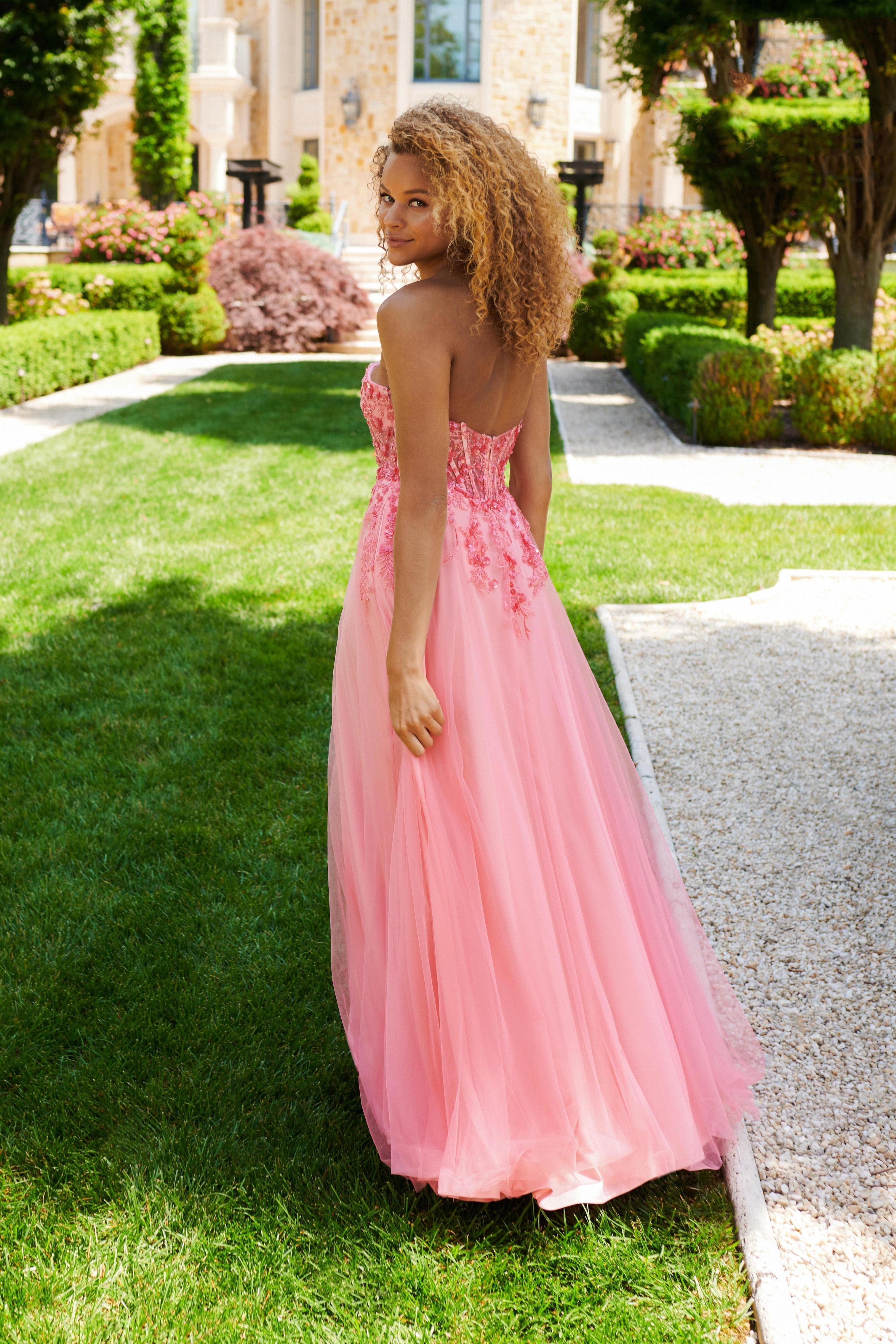 Prom Dresses A Line Corset Long Beaded Applique Prom Dress Coral