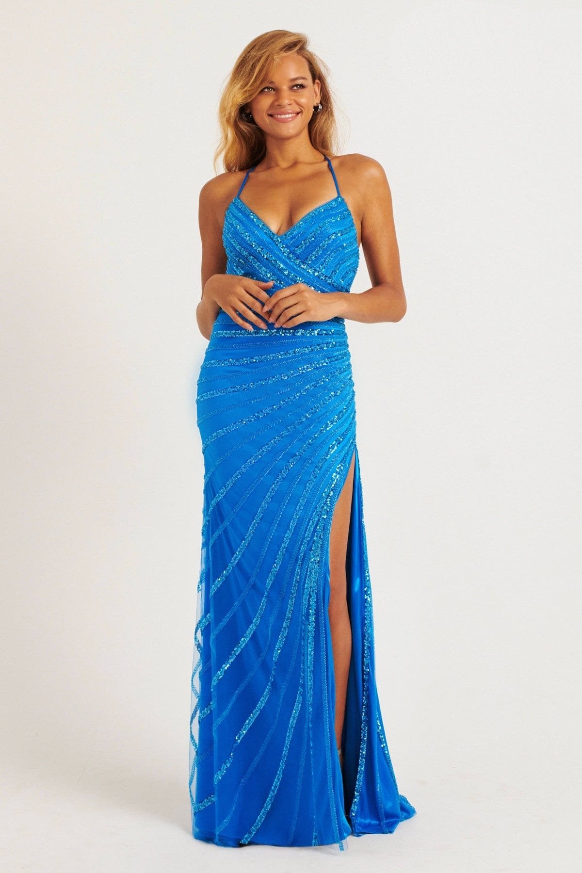 Prom Dresses Beaded Long Slit Formal Fitted Prom Dress Electric Blue