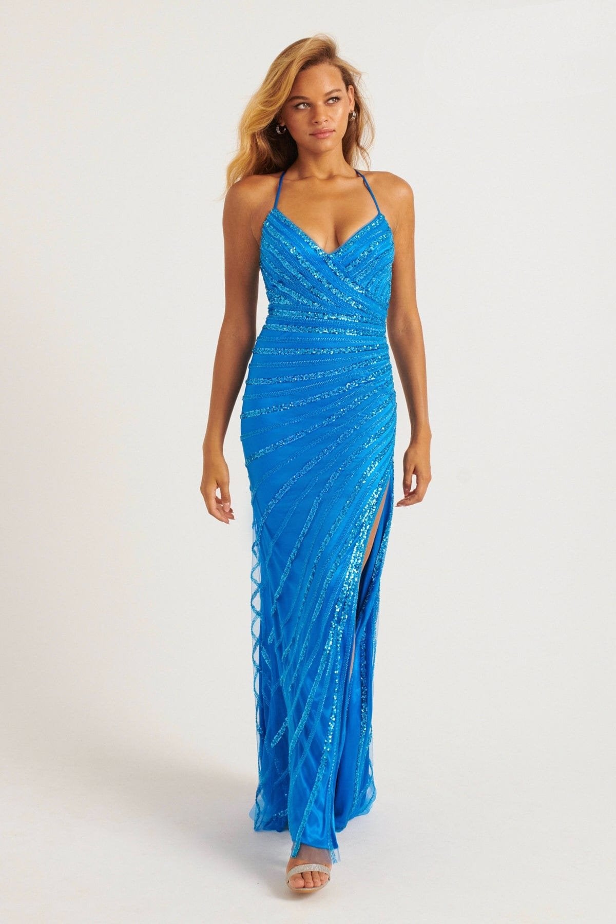 Prom Dresses Beaded Long Slit Formal Fitted Prom Dress Electric Blue