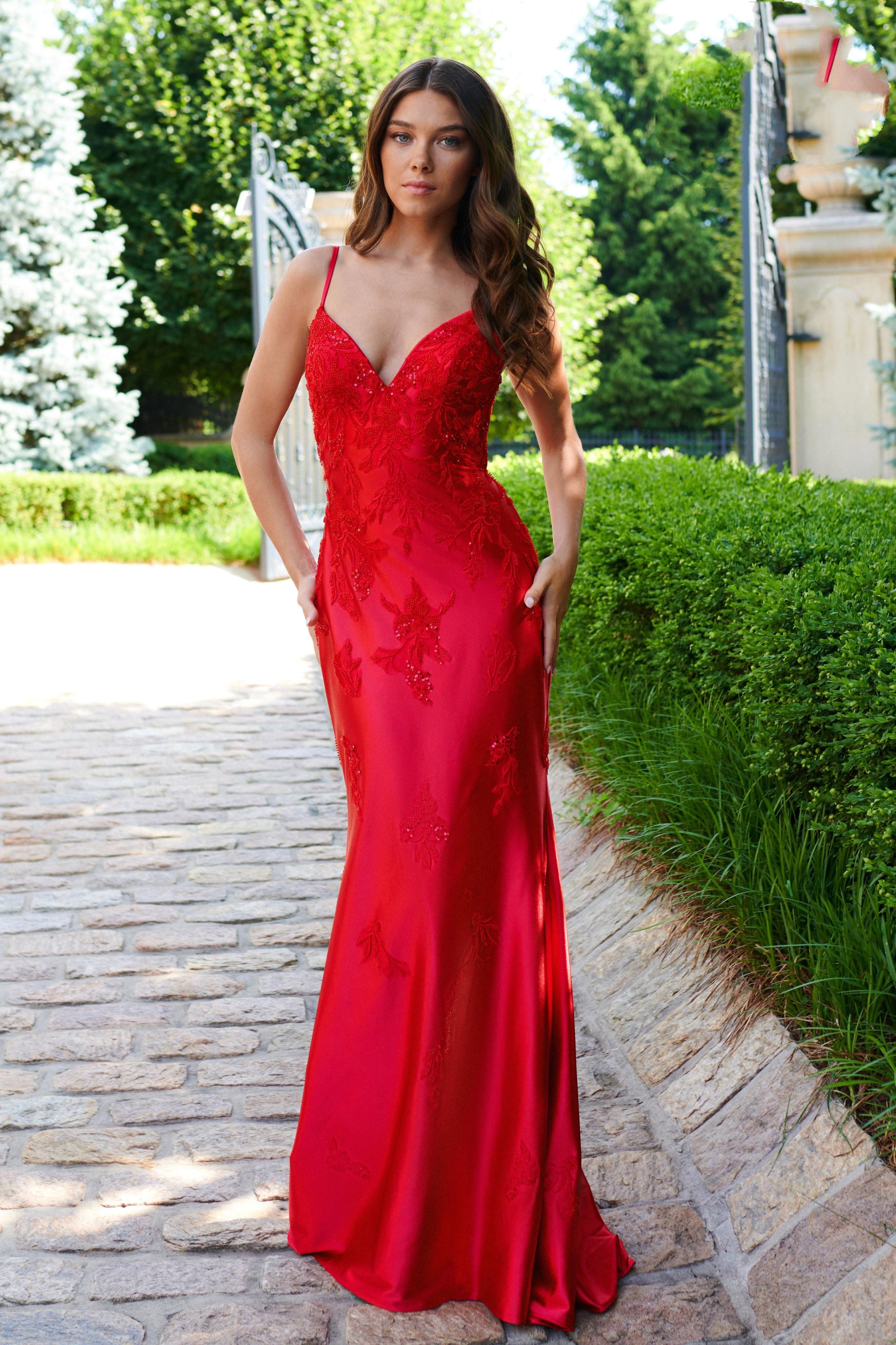 satin long dress with beaded lace appliqué LaDivine CC491 Beaded Lace Applique Formal Long Fitted Prom Dress main image 1