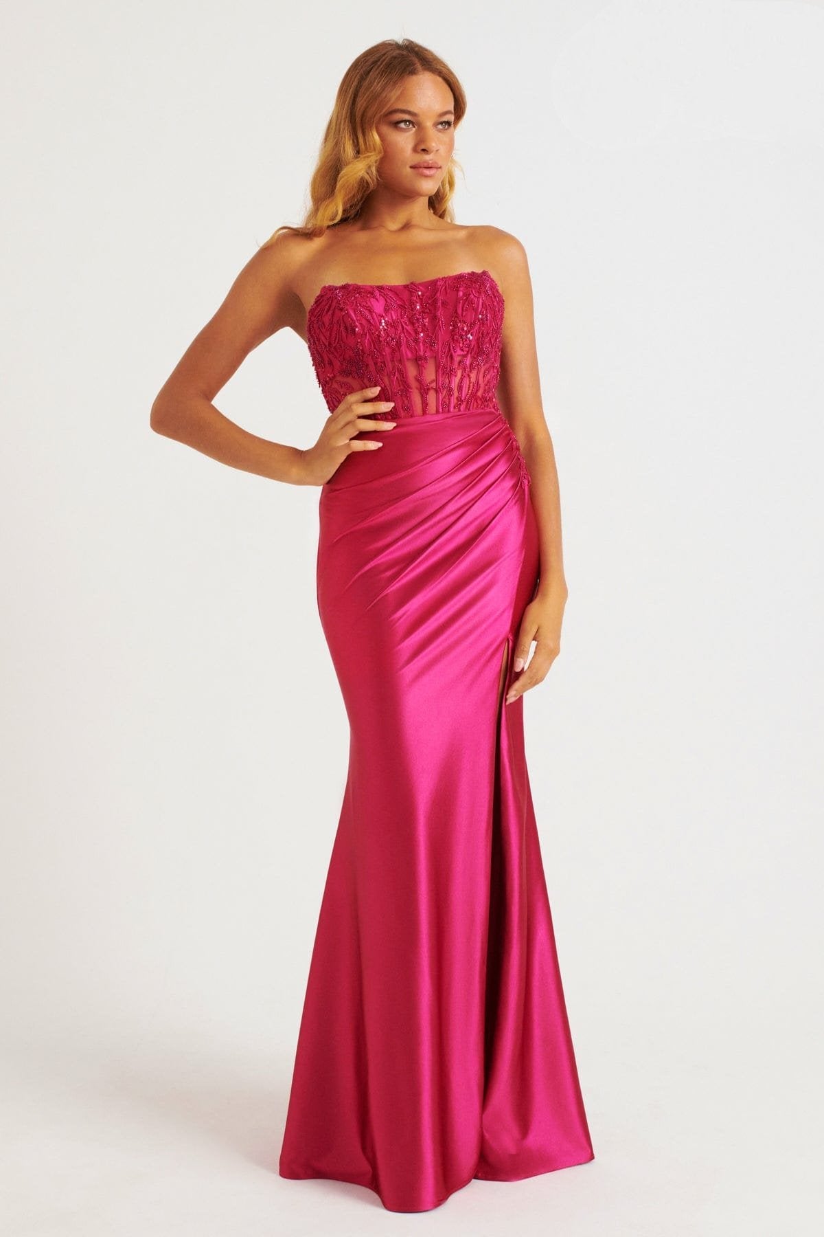 Prom Dresses Long Beaded Corset Fitted Formal Prom Dress Raspberry