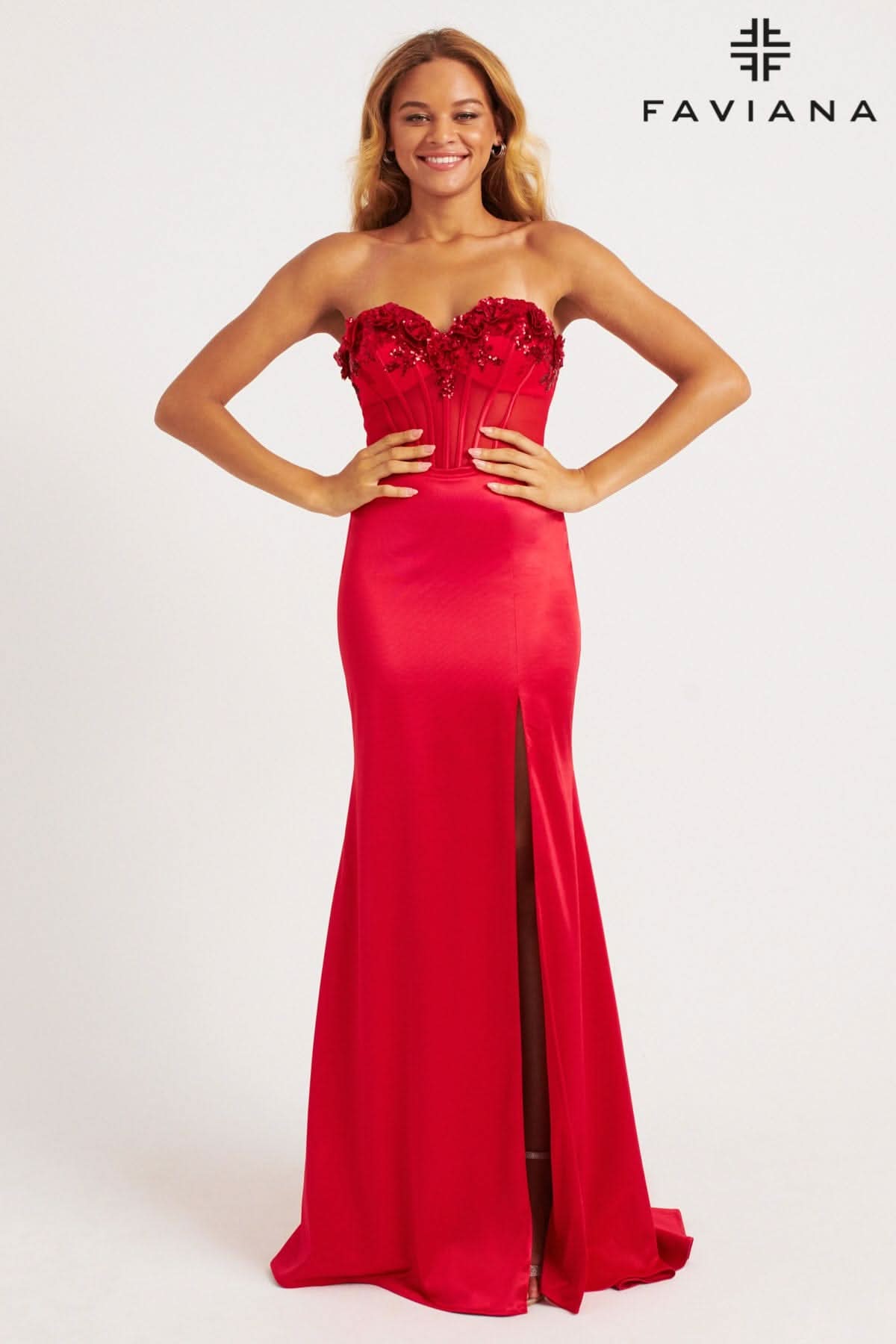 Faviana 11248 Long Fitted Corset Slit Formal Prom Dress