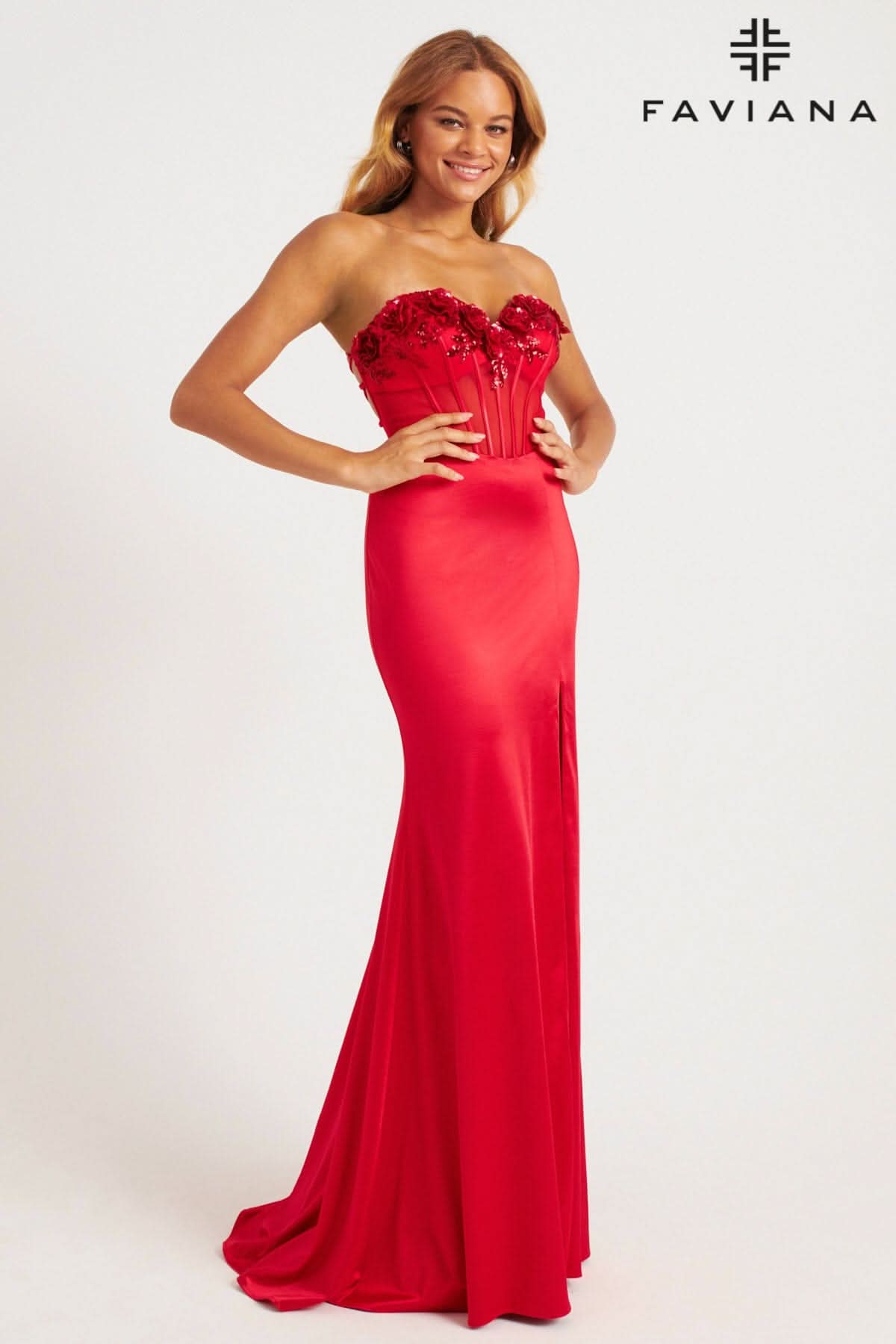 Faviana 11248 Long Fitted Corset Slit Formal Prom Dress