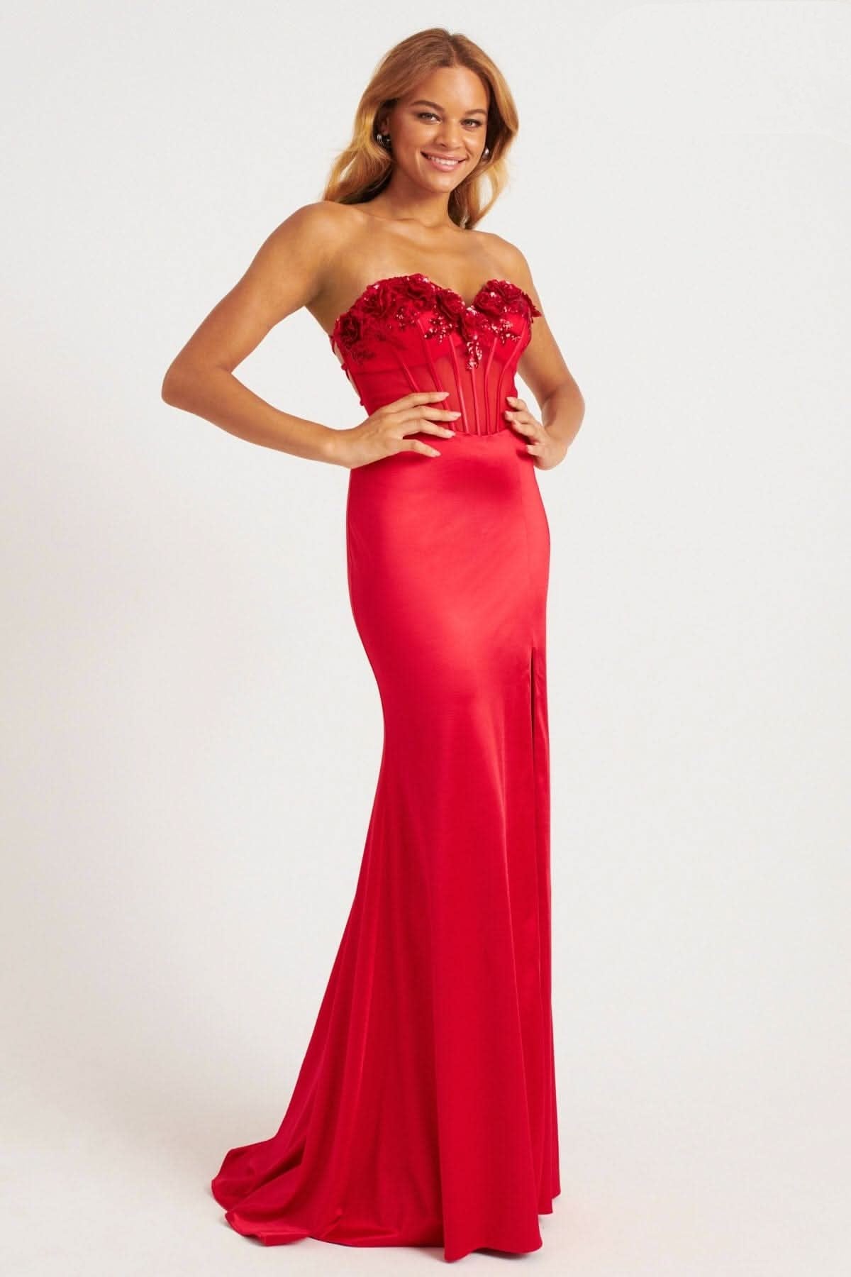 Prom Dresses Long Fitted Corset Slit Formal Prom Dress Red