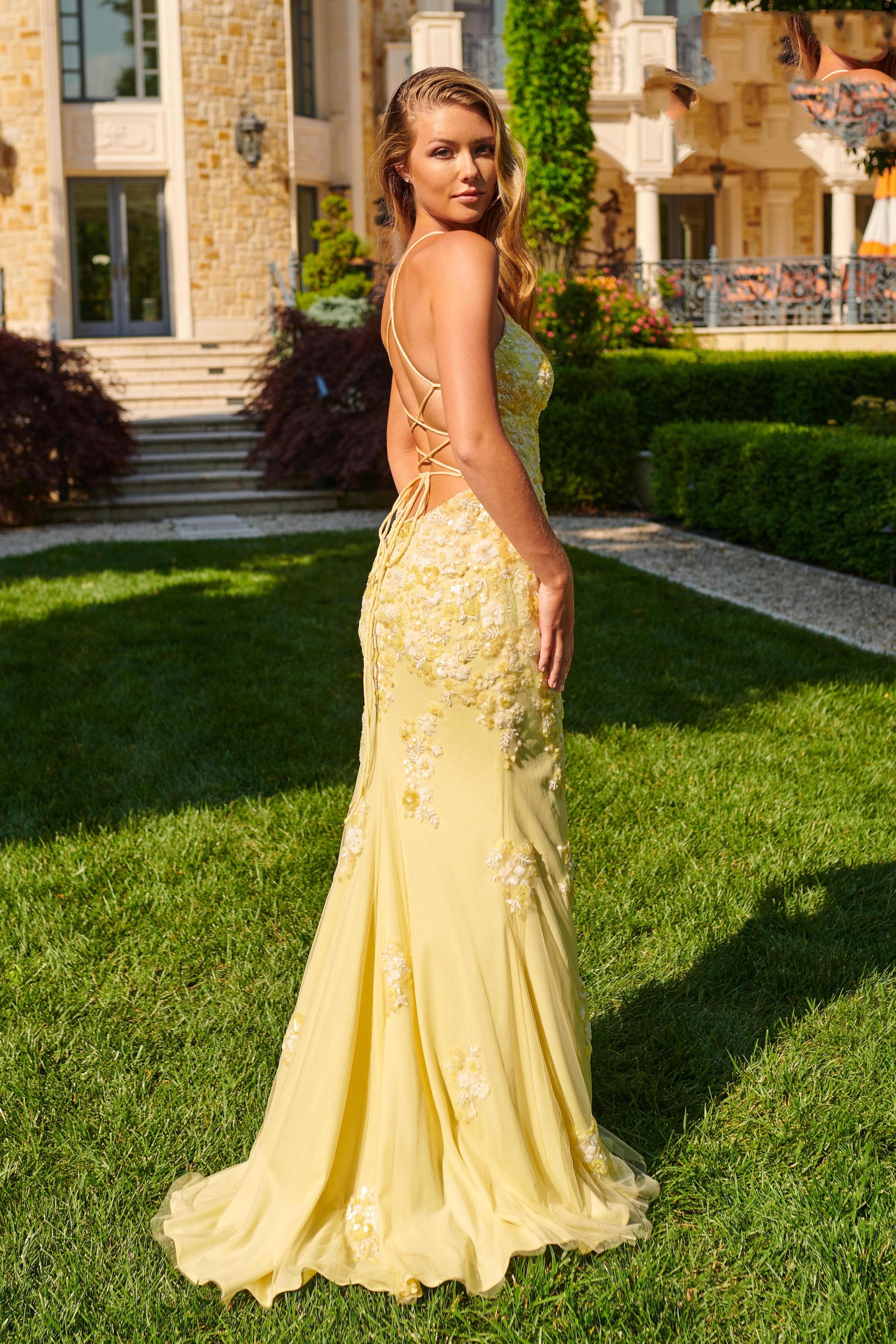 Faviana Style 11251 Long V-Neck Dress With Floral Beaded Appliqu Light Yellow / 10 Faviana Style 11251 Long V-Neck Dress With Floral Beaded Appliqu Light Yellow / 10