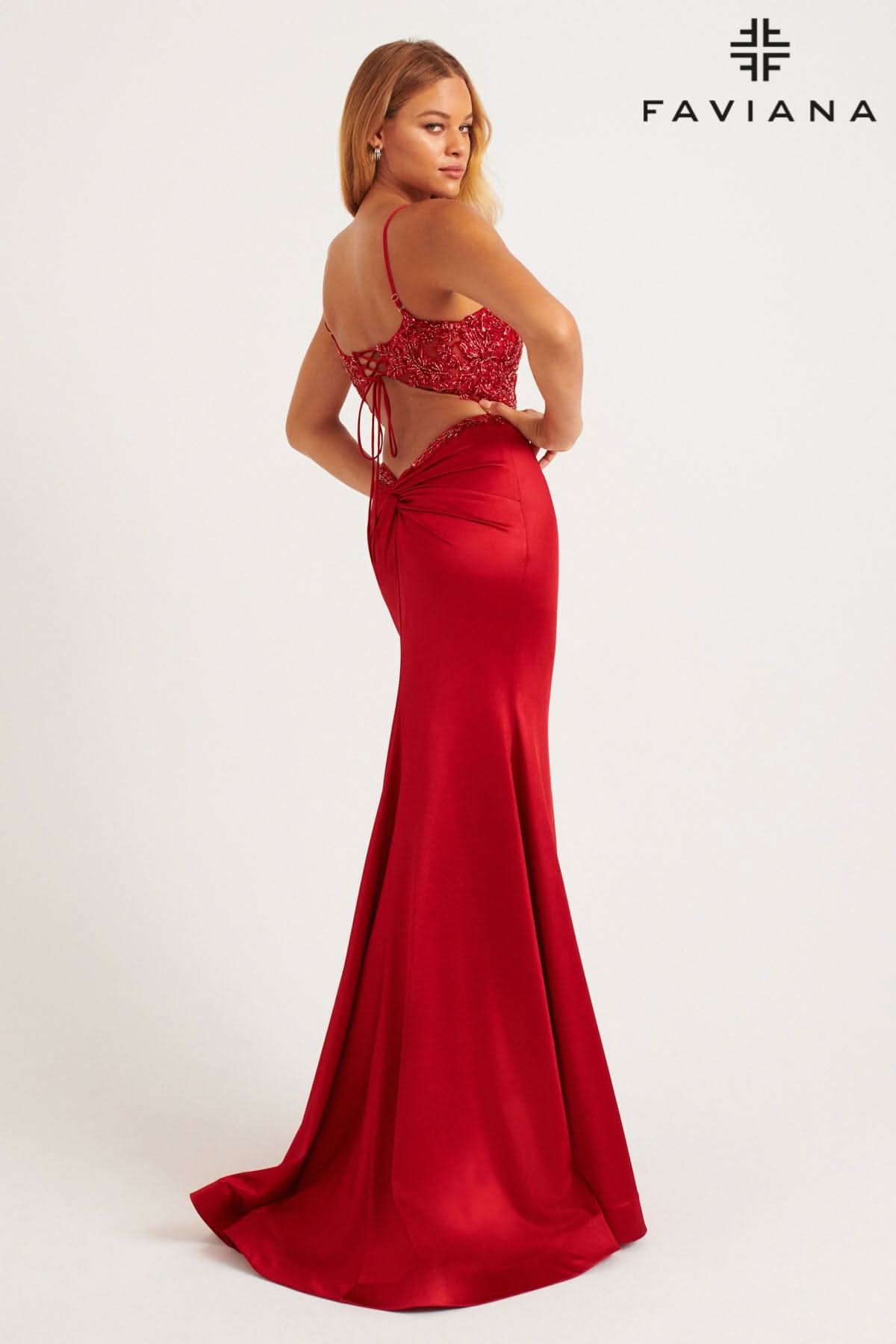 Faviana 11256 Fitted Slit Long Formal Beaded Prom Dress