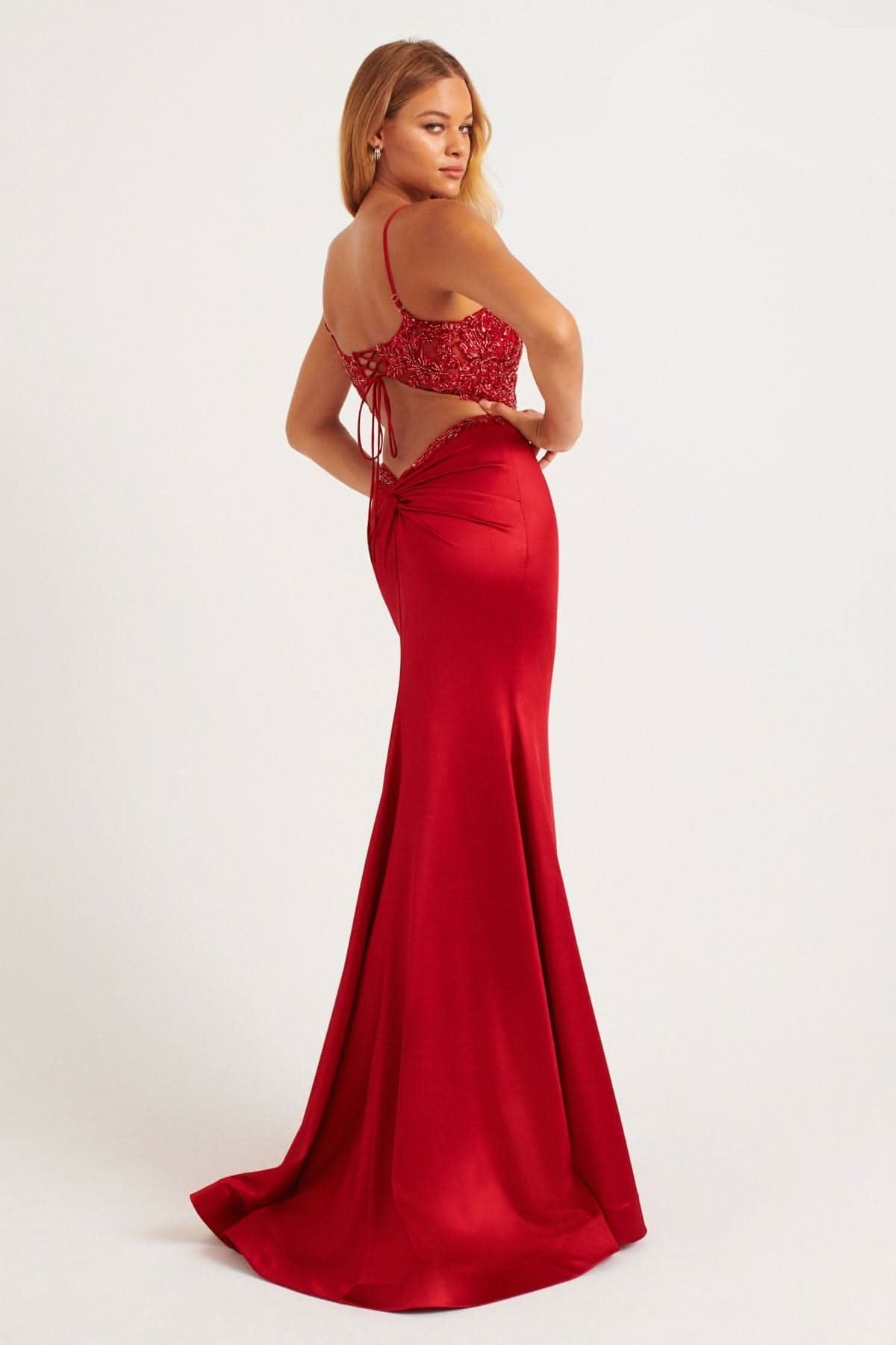 Prom Dresses Fitted Slit Long Formal Beaded Prom Dress Red
