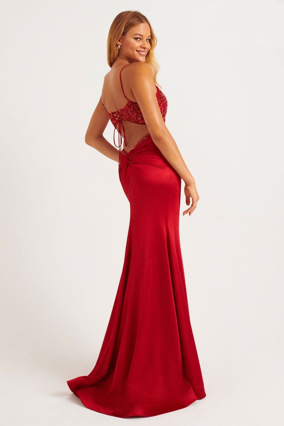 Prom Dresses Fitted Slit Long Formal Beaded Prom Dress Red