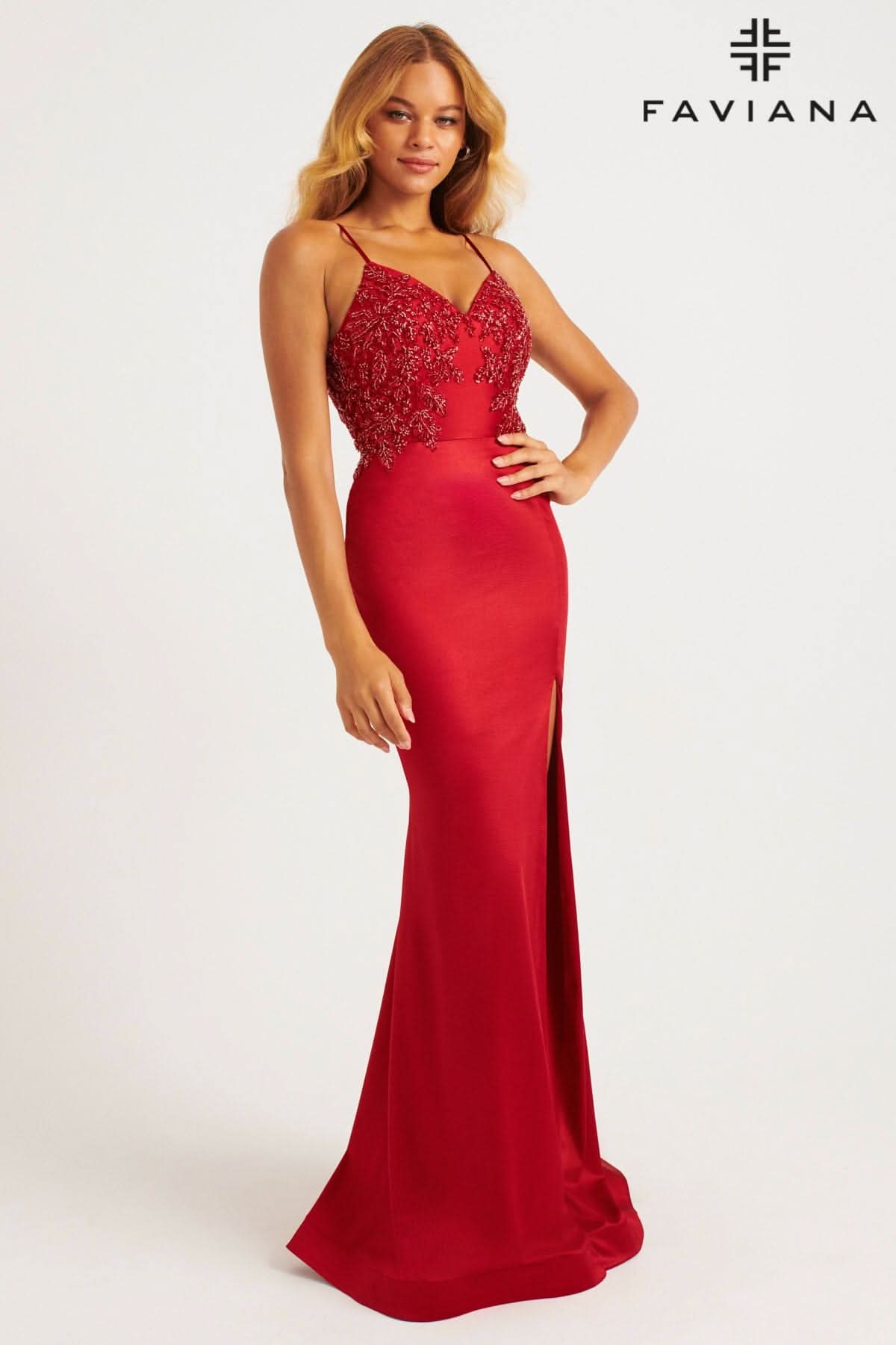 Faviana 11256 Fitted Slit Long Formal Beaded Prom Dress