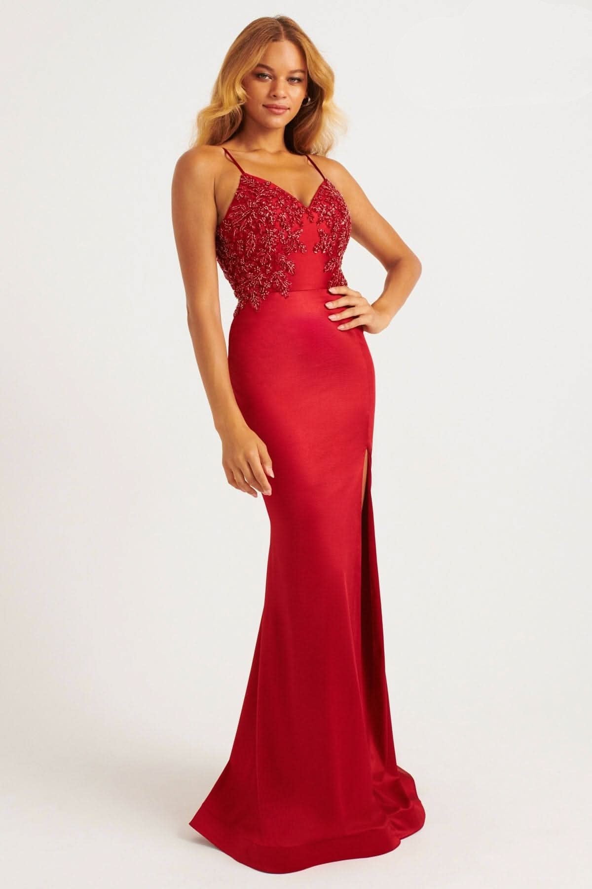 Prom Dresses Fitted Slit Long Formal Beaded Prom Dress Red