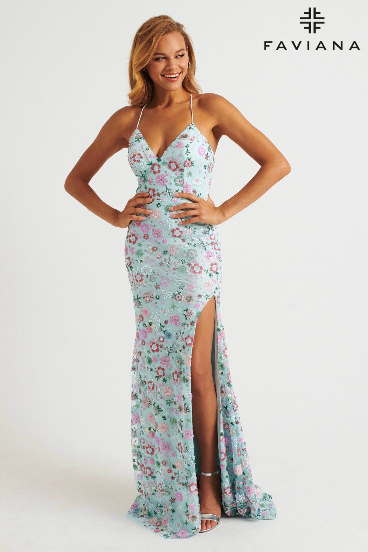 Faviana 11263 Long Floral Beaded Formal Prom Dress