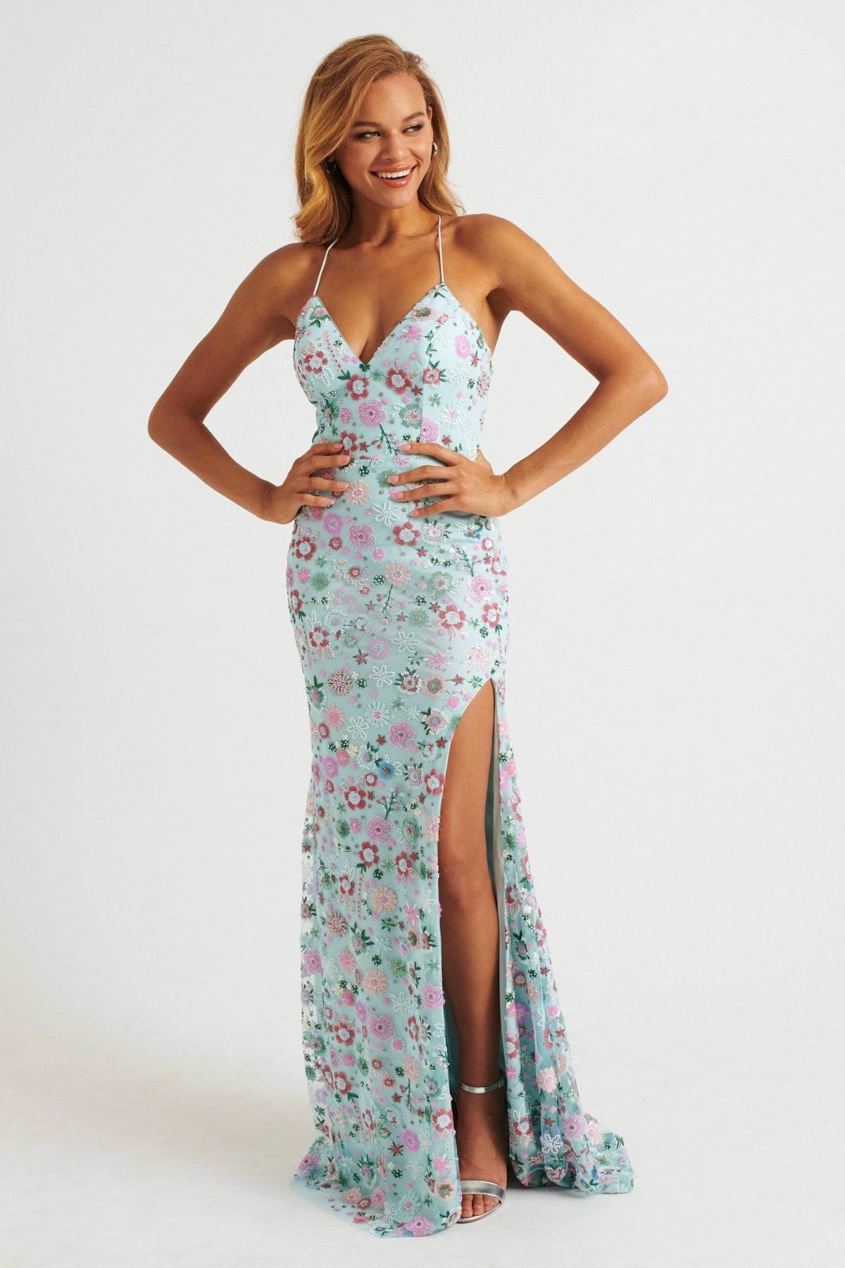 textured jersey cut-out a-line mini dress in cobalt blue Faviana 11263 Long Floral Beaded Formal Prom Dress