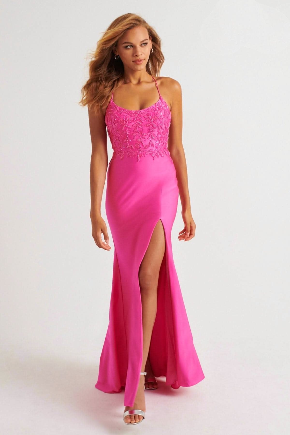 Prom Dresses Long Fitted Formal Beaded Slit Prom Dress Bubblegum Pink