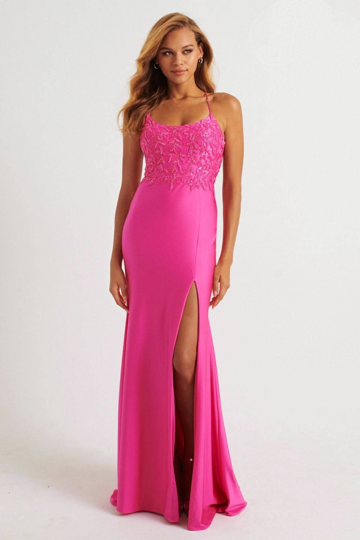 Prom Dresses Long Fitted Formal Beaded Slit Prom Dress Bubblegum Pink