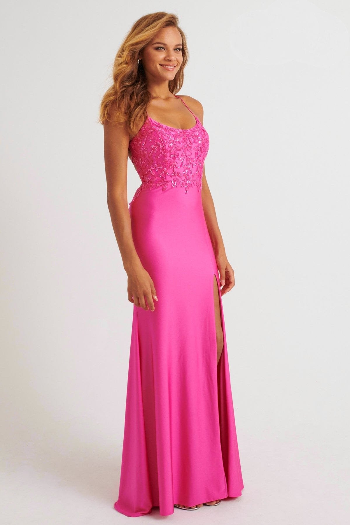 Prom Dresses Long Fitted Formal Beaded Slit Prom Dress Bubblegum Pink