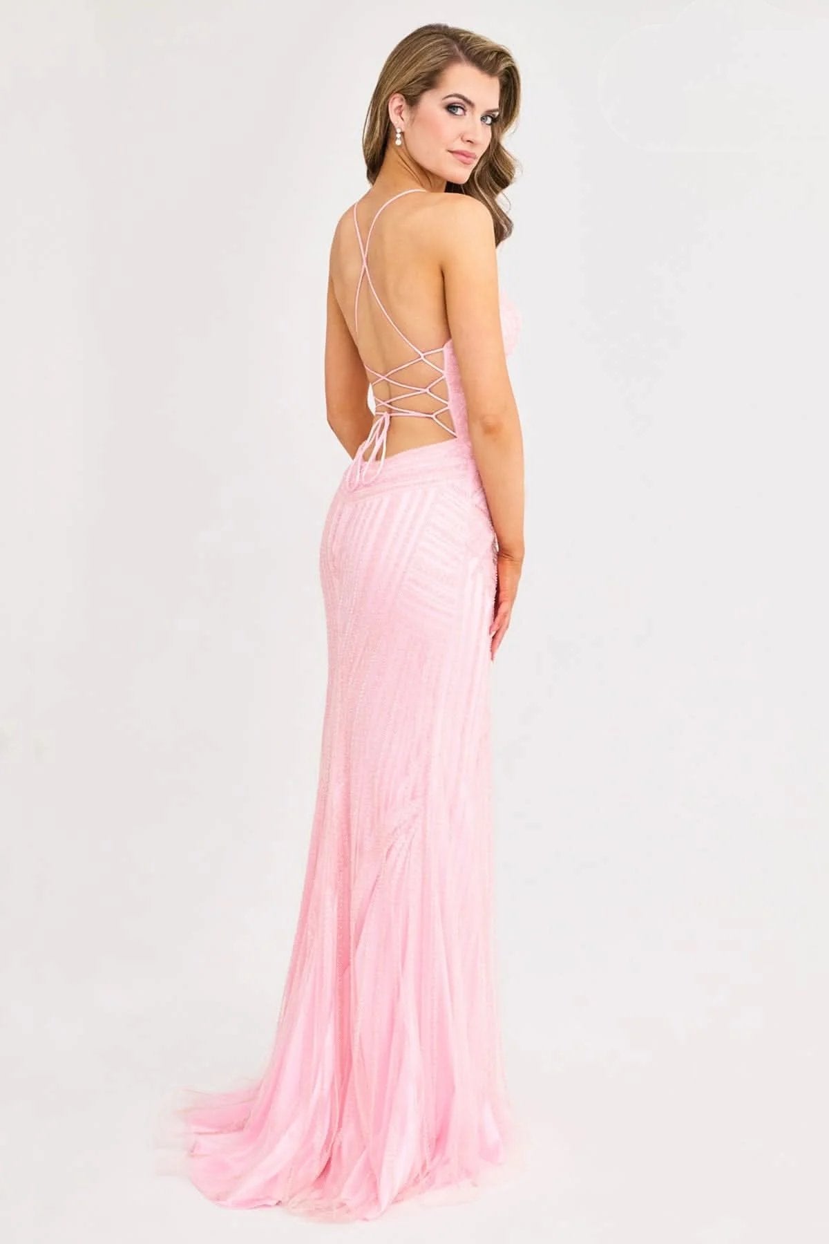 Prom Dresses Beaded Slit Long Formal Fitted Prom Dress Light Pink