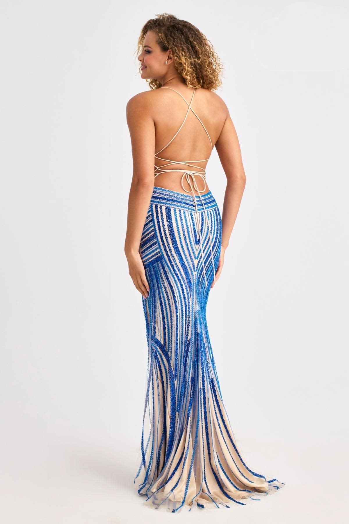 Prom Dresses Beaded Slit Long Formal Fitted Prom Dress Royal/Nude