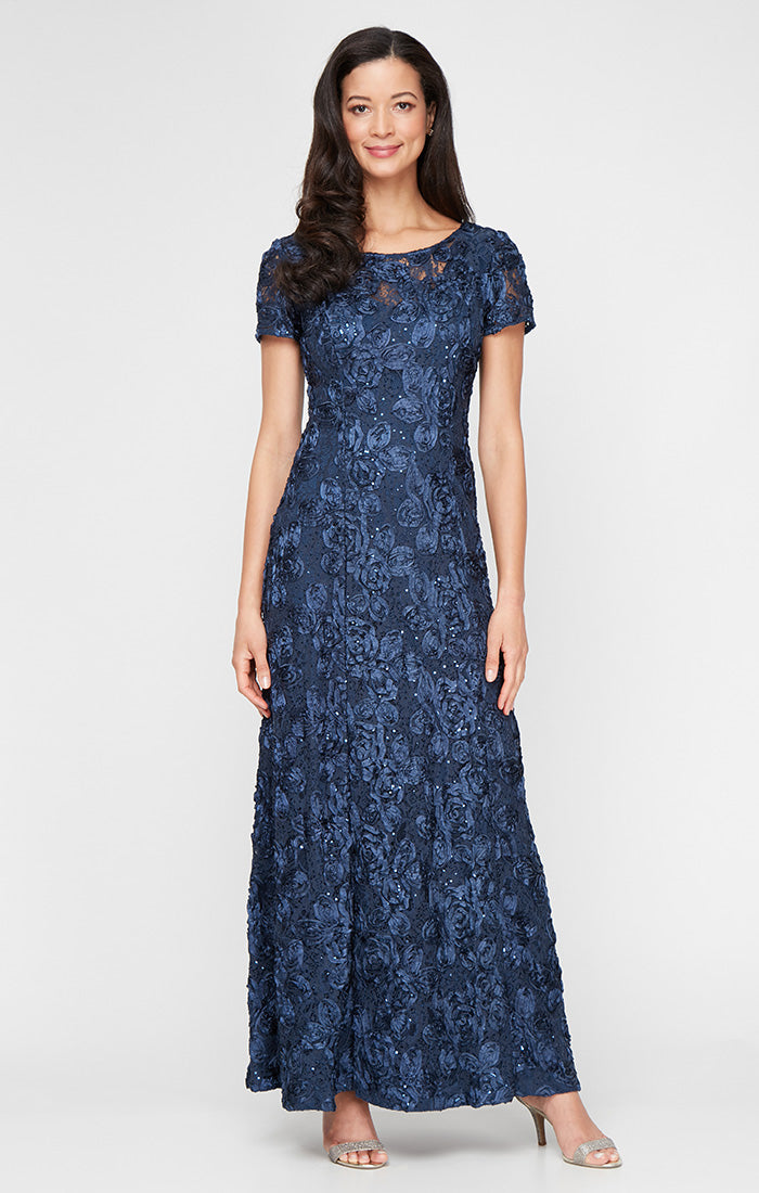 Alex Evenings Petite Evelyn Rosette Lace Long Gown CHAMPAGNE / 6P Alex Evenings Petite Evelyn Rosette Lace Long Gown CHAMPAGNE / 6P