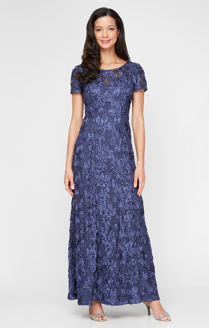 Alex Evenings Petite Evelyn Rosette Lace Long Gown CHAMPAGNE / 6P Alex Evenings Petite Evelyn Rosette Lace Long Gown CHAMPAGNE / 6P