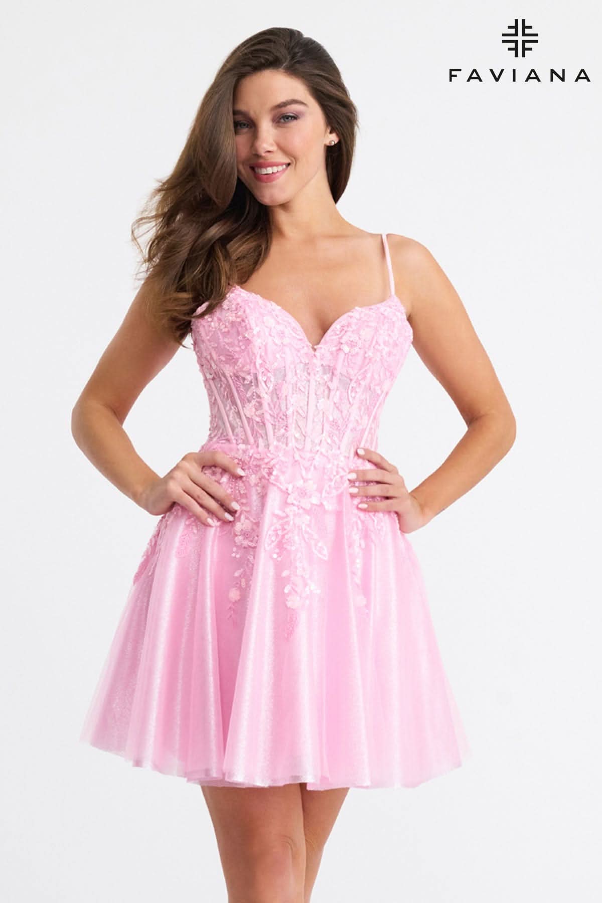 Faviana 11305 Short Beaded Corset A Line Homecoming Cocktail Dress - Cotton Candy Pink / 00 Faviana 11305 Short Beaded Corset A Line Homecoming Cocktail Dress - Cotton Candy Pink / 00