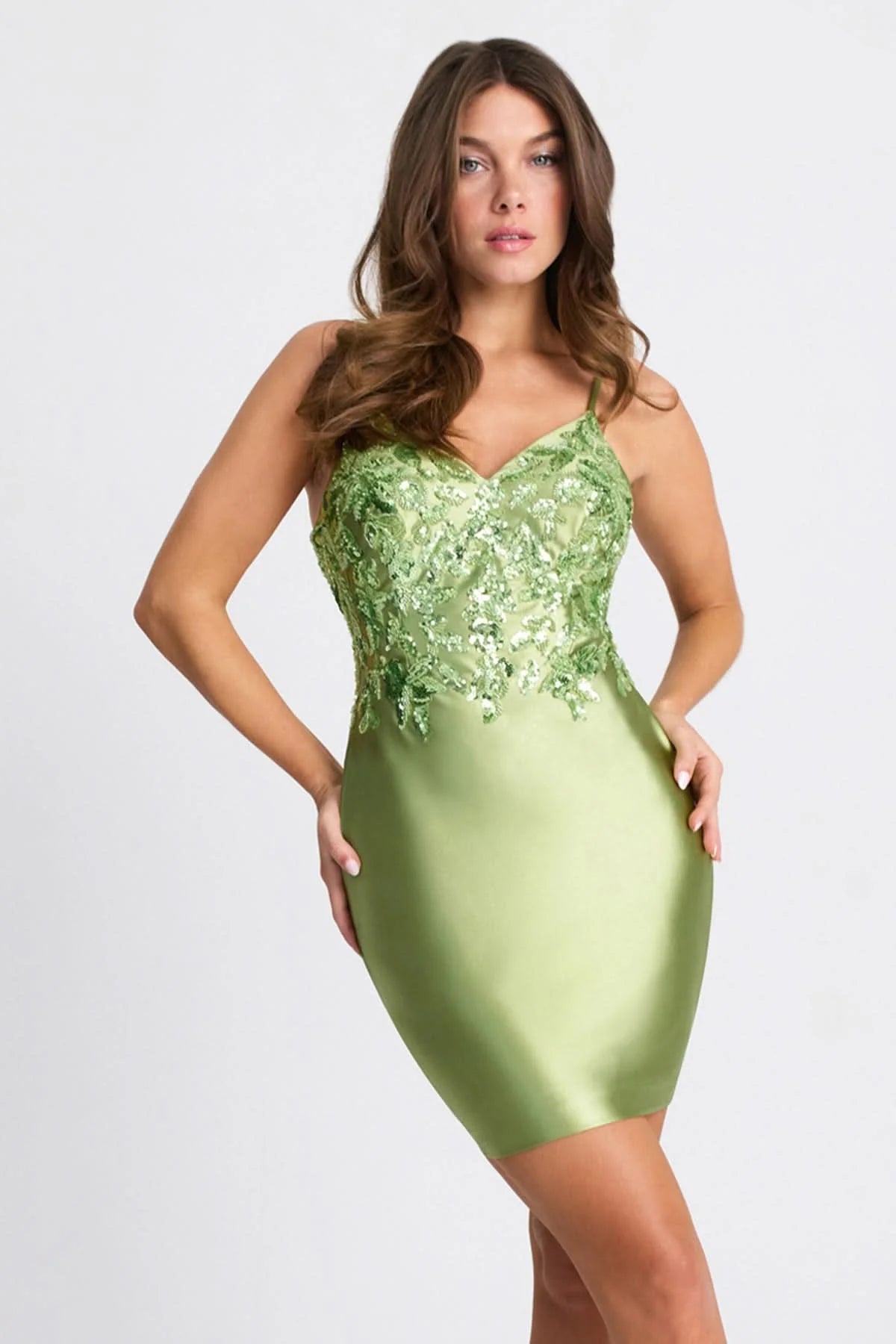 Homecoming Dresses Fitted Short Sequin Applique Cocktail Dress Sage