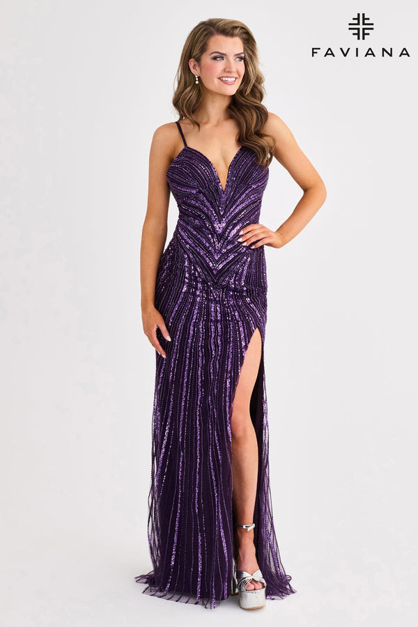Faviana 11412 Beaded Slit Formal Long Prom Fitted Dress