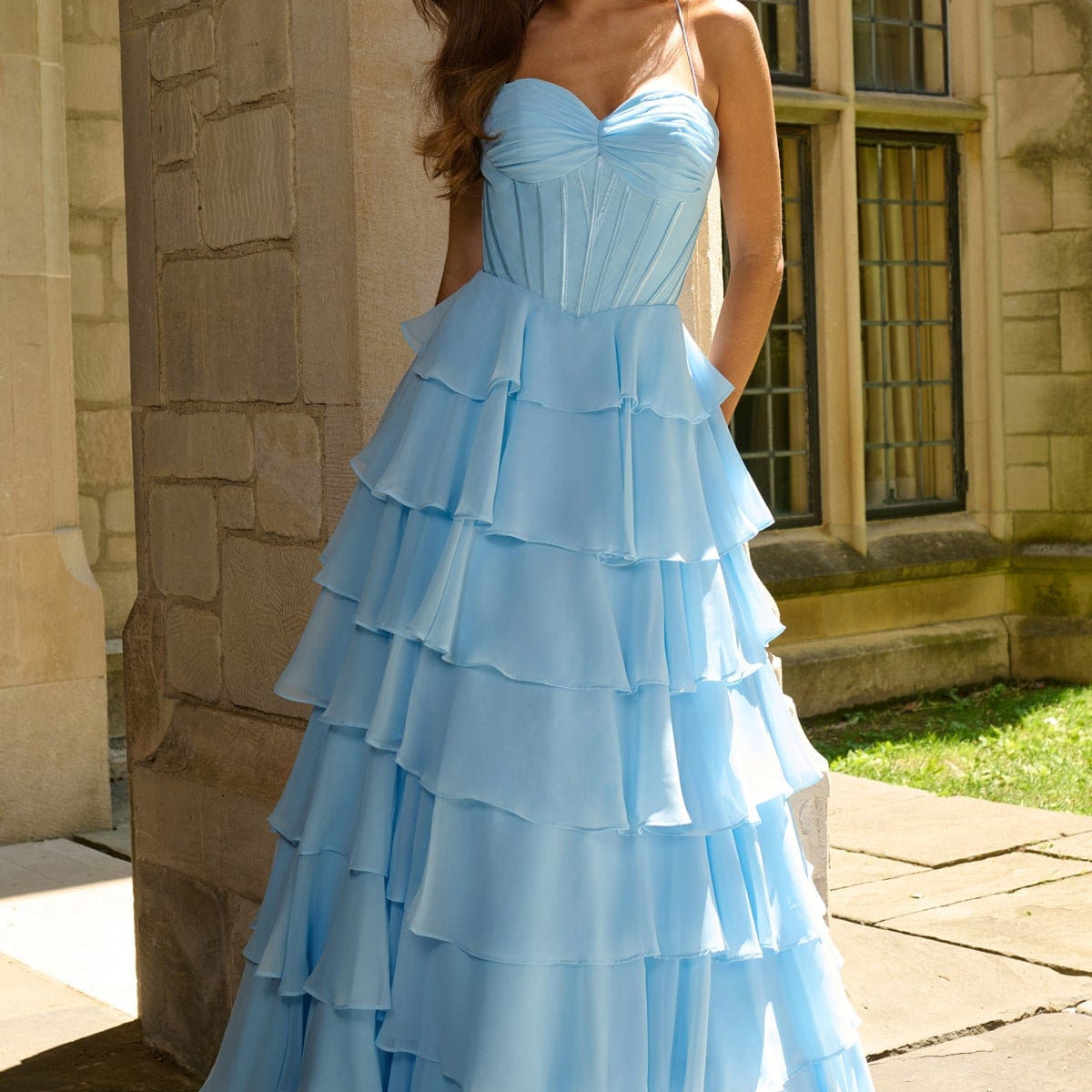 white christmas dresses Faviana 11420 Long Ball Gown Ruffle Corset Prom Dress