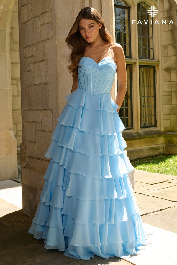 Faviana 11420 Long Ball Gown Ruffle Corset Prom Dress