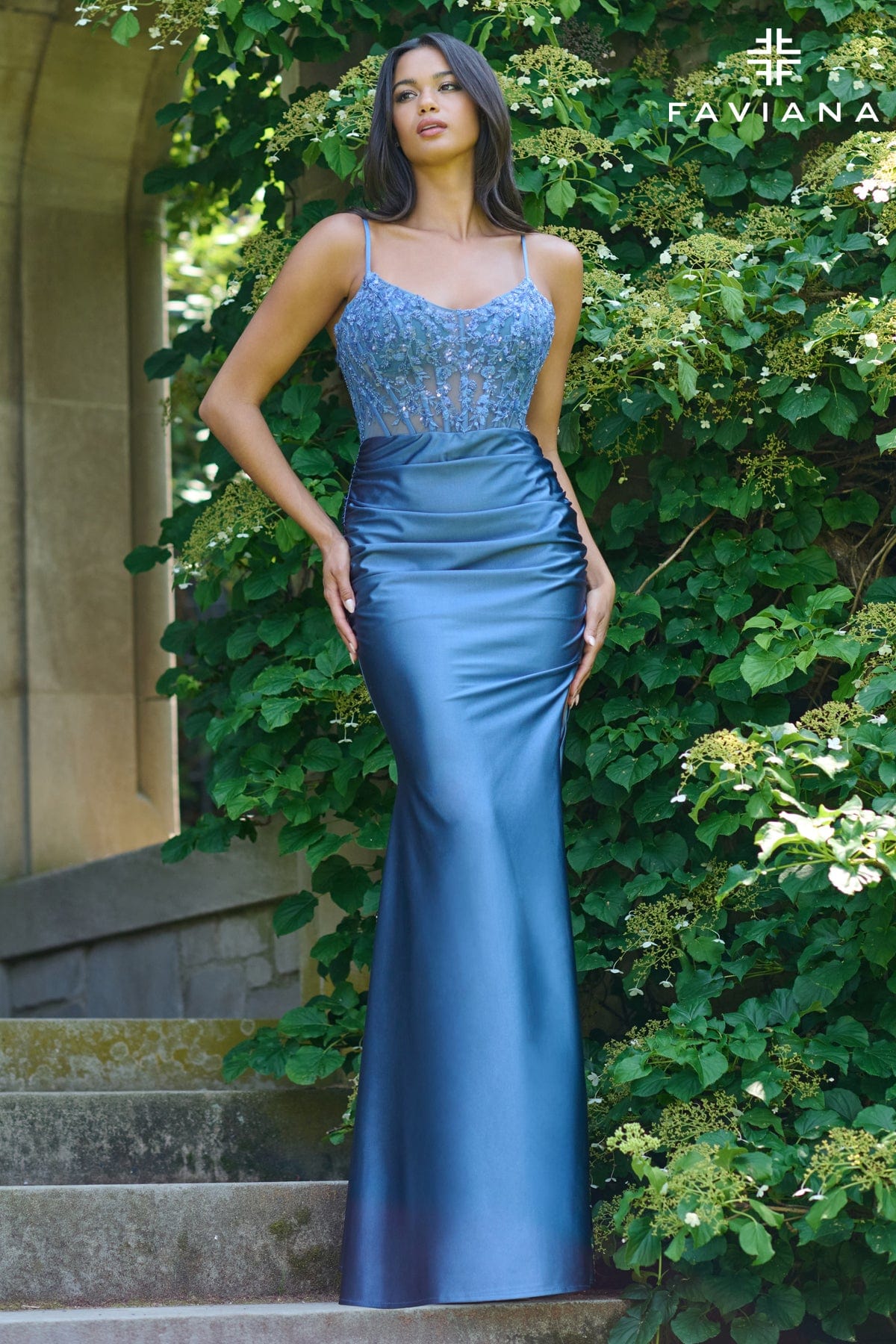 blue dress for baby girl Faviana 11433 Long Lace Applique Formal Corset Prom Dress