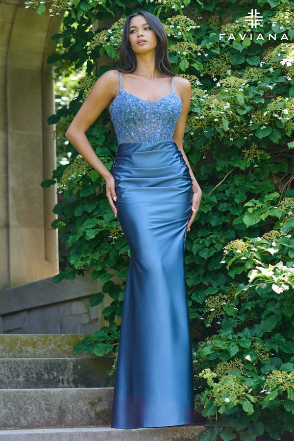 Faviana 11433 Long Lace Applique Formal Corset Prom Dress