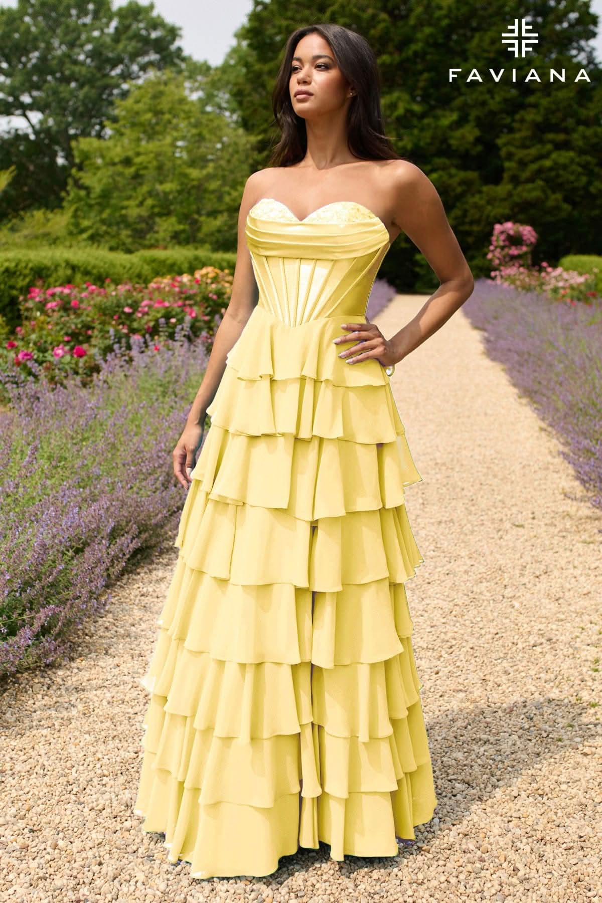 Formal Dresses Long Prom Corset Ruffle Formal Dress Light Yellow