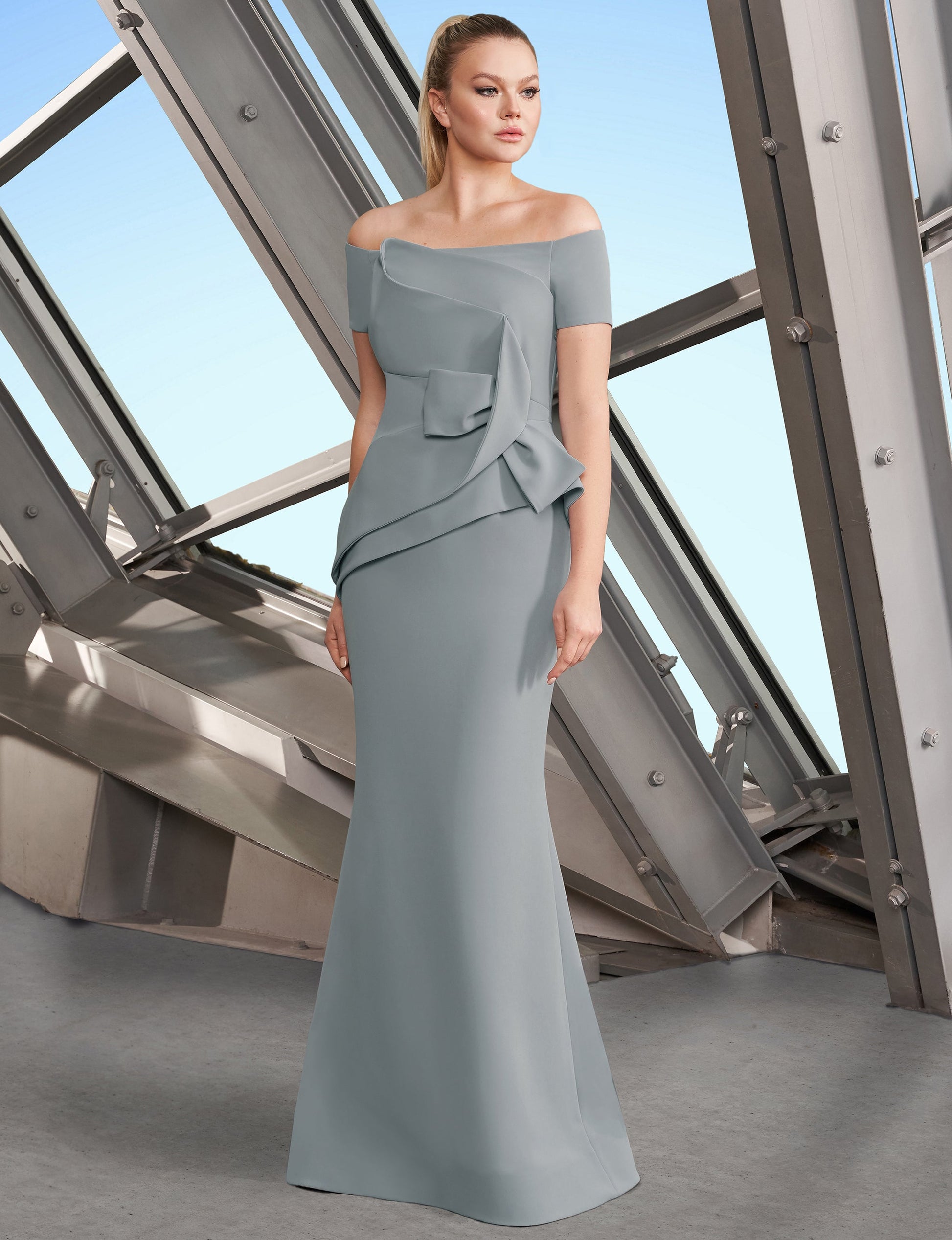 Alexander by Daymor 1150 Long Fitted Peplum Pleated Formal Evening Dress