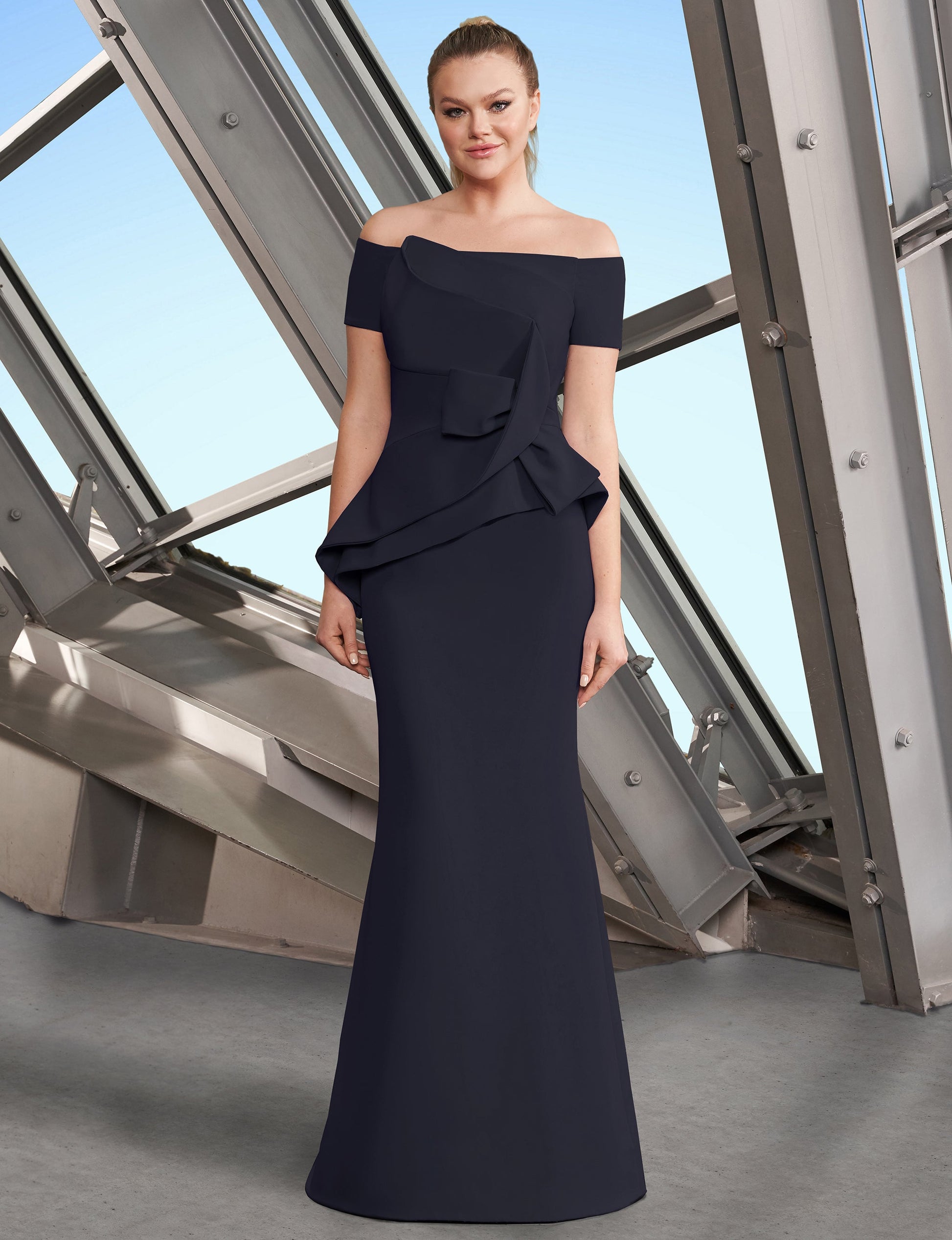 Alexander by Daymor 1150 Long Fitted Peplum Pleated Formal Evening Dress