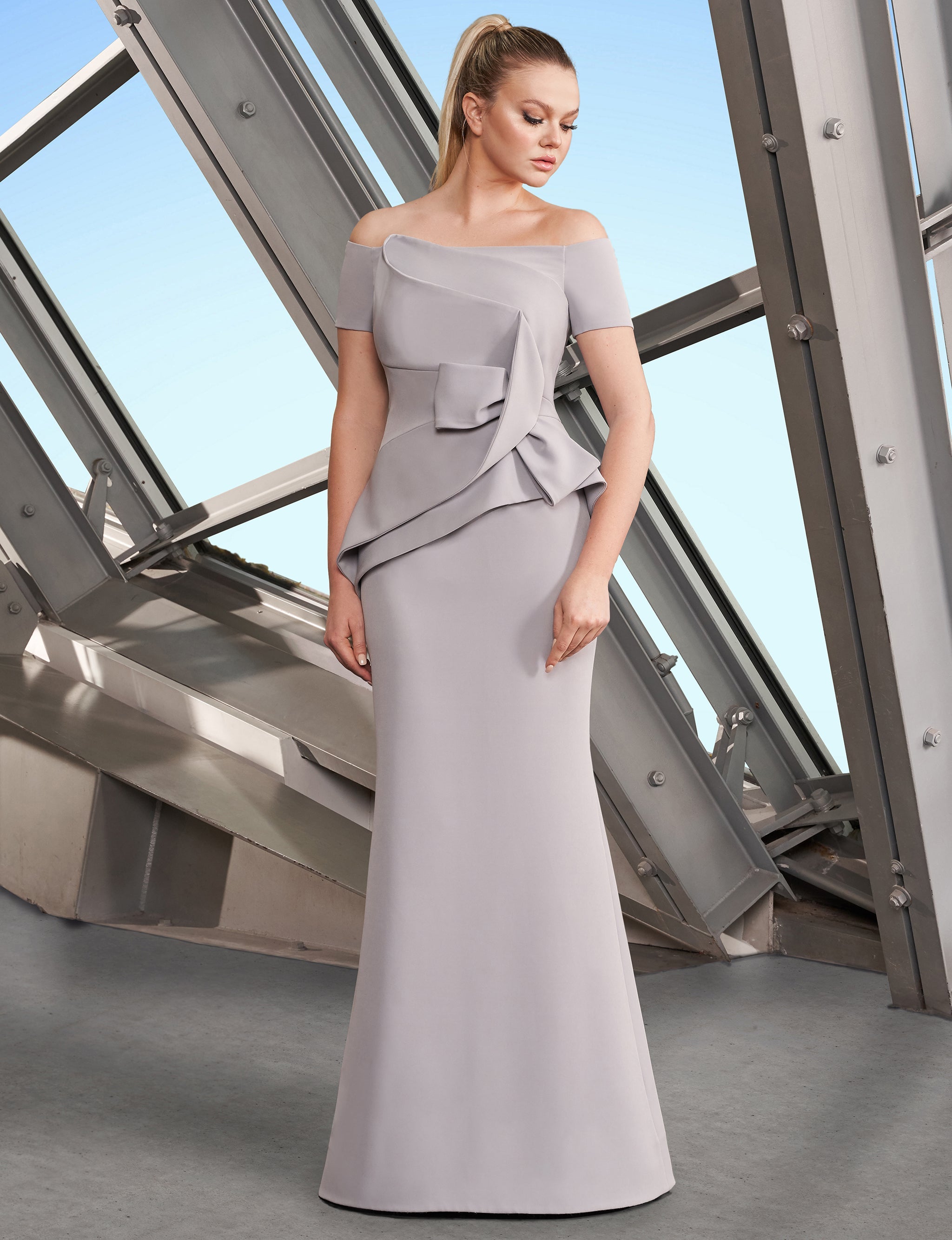 Formal Dresses Long Fitted Peplum Pleated Formal Evening Dress Shale Grey