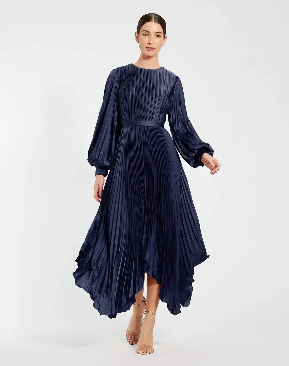 Midnight High-Neck Midi SatinCocktail Pleated Dress Mac Duggal 9911638P