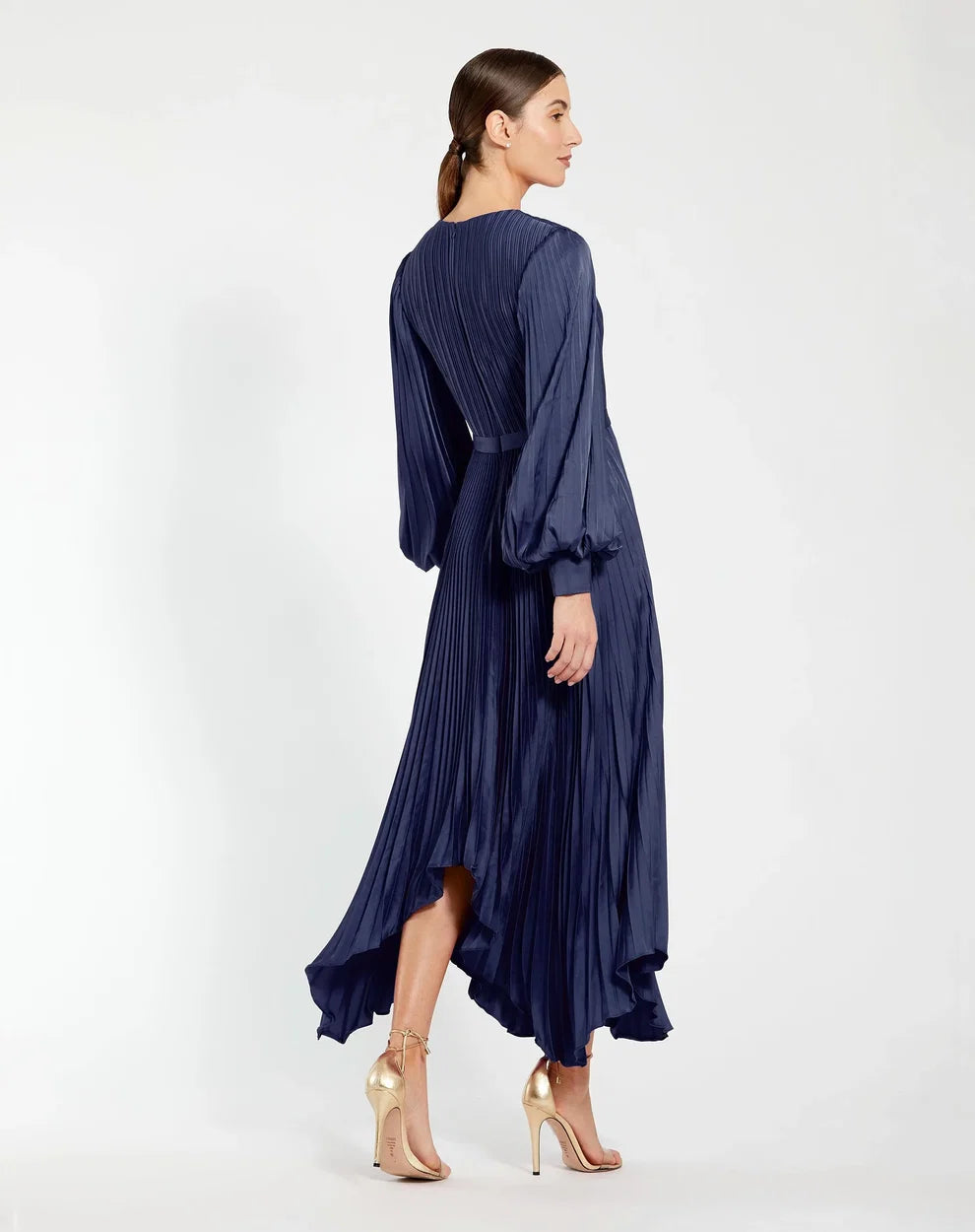Midnight High-Neck Midi SatinCocktail Pleated Dress Mac Duggal 9911638P