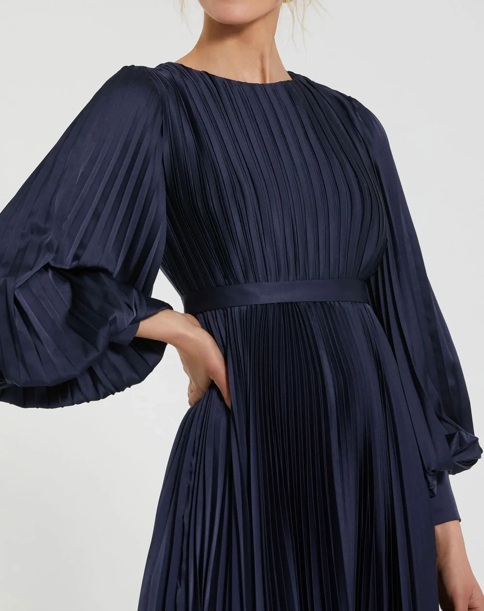 Midnight High-Neck Midi SatinCocktail Pleated Dress Mac Duggal 9911638P