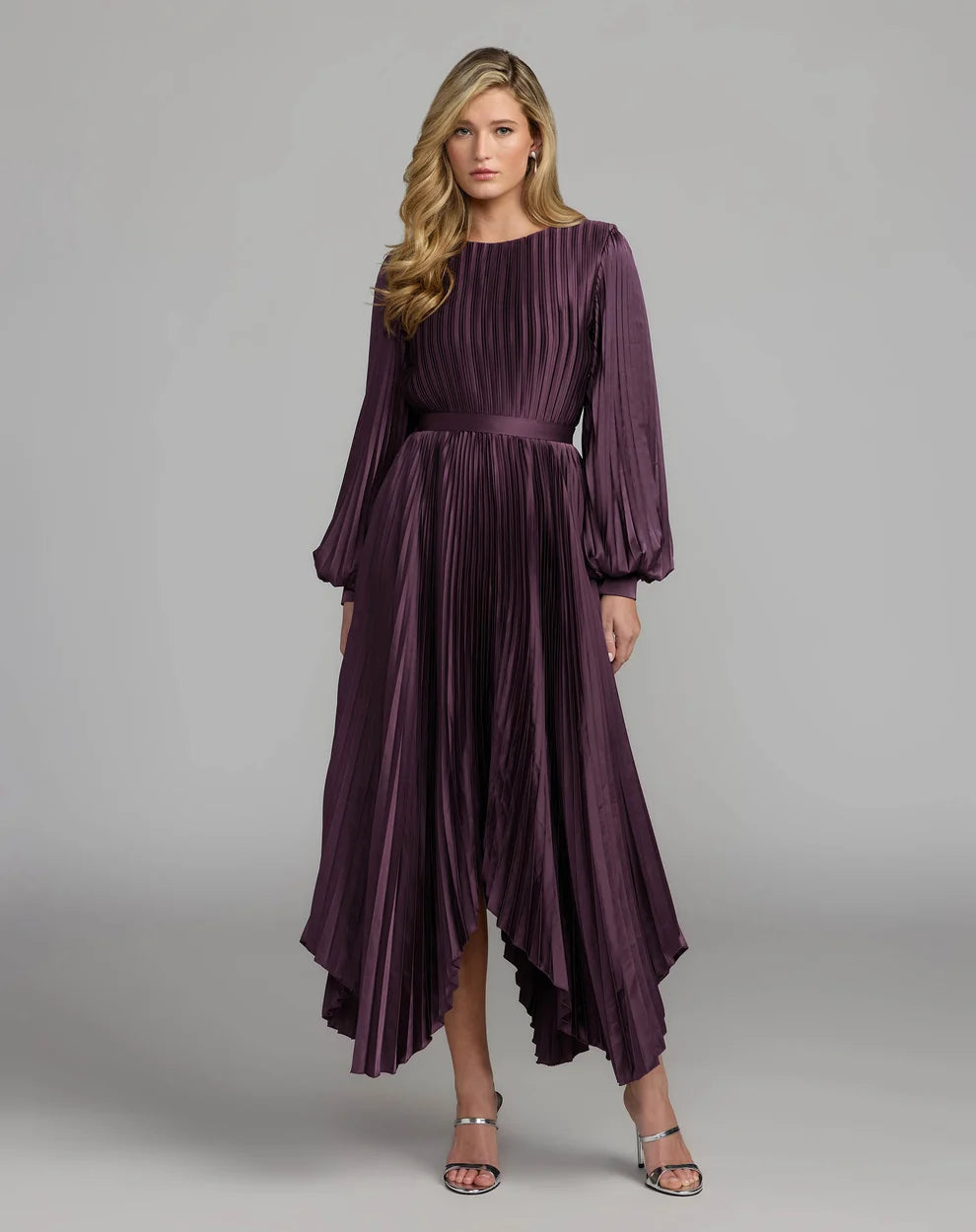 Plum High-Neck Midi SatinCocktail Pleated Dress Mac Duggal 9911638P
