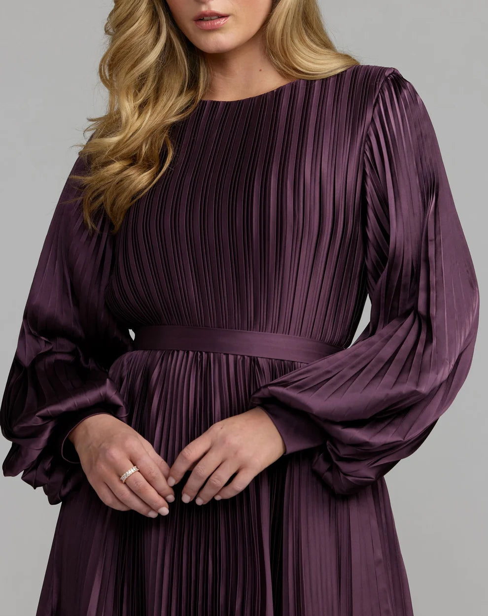 Plum High-Neck Midi SatinCocktail Pleated Dress Mac Duggal 9911638P