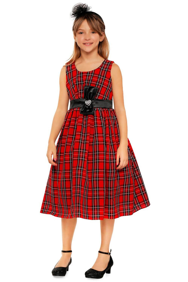Scoop Neck Midi Plaid Special Occasion Dress with Rhinestone Brooch Sash Cinderella Couture 1168